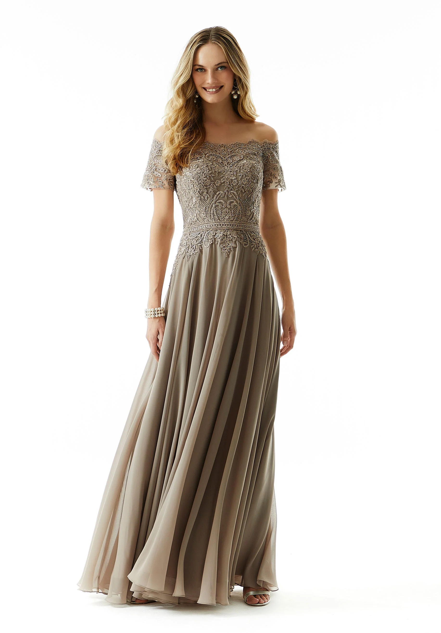 Beaded A-Line Evening Gown in Chiffon with Appliqués - Image 3