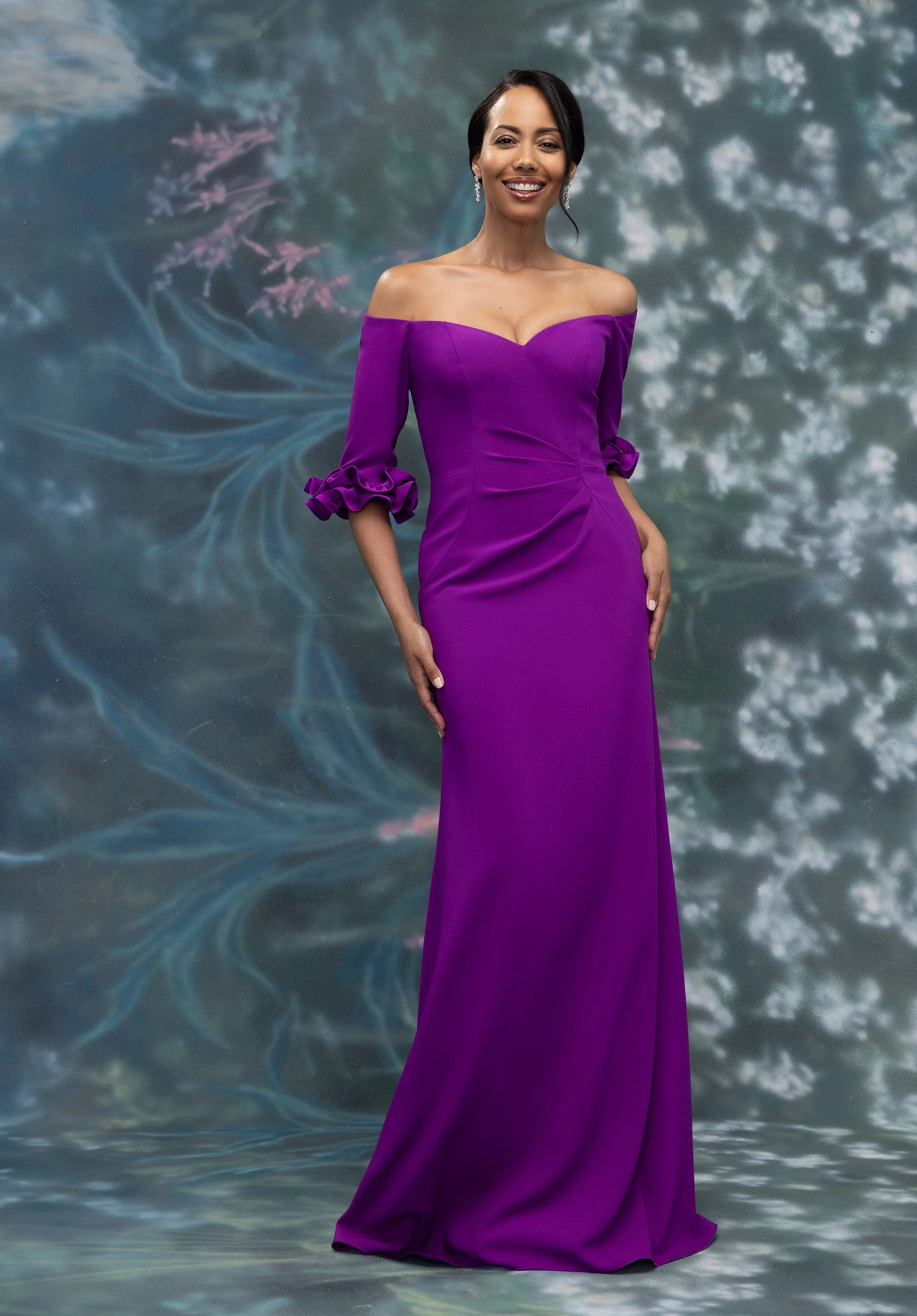 Off The Shoulder Crepe Fit and Flare Evening Gown with Petal Cuffs - Image 3