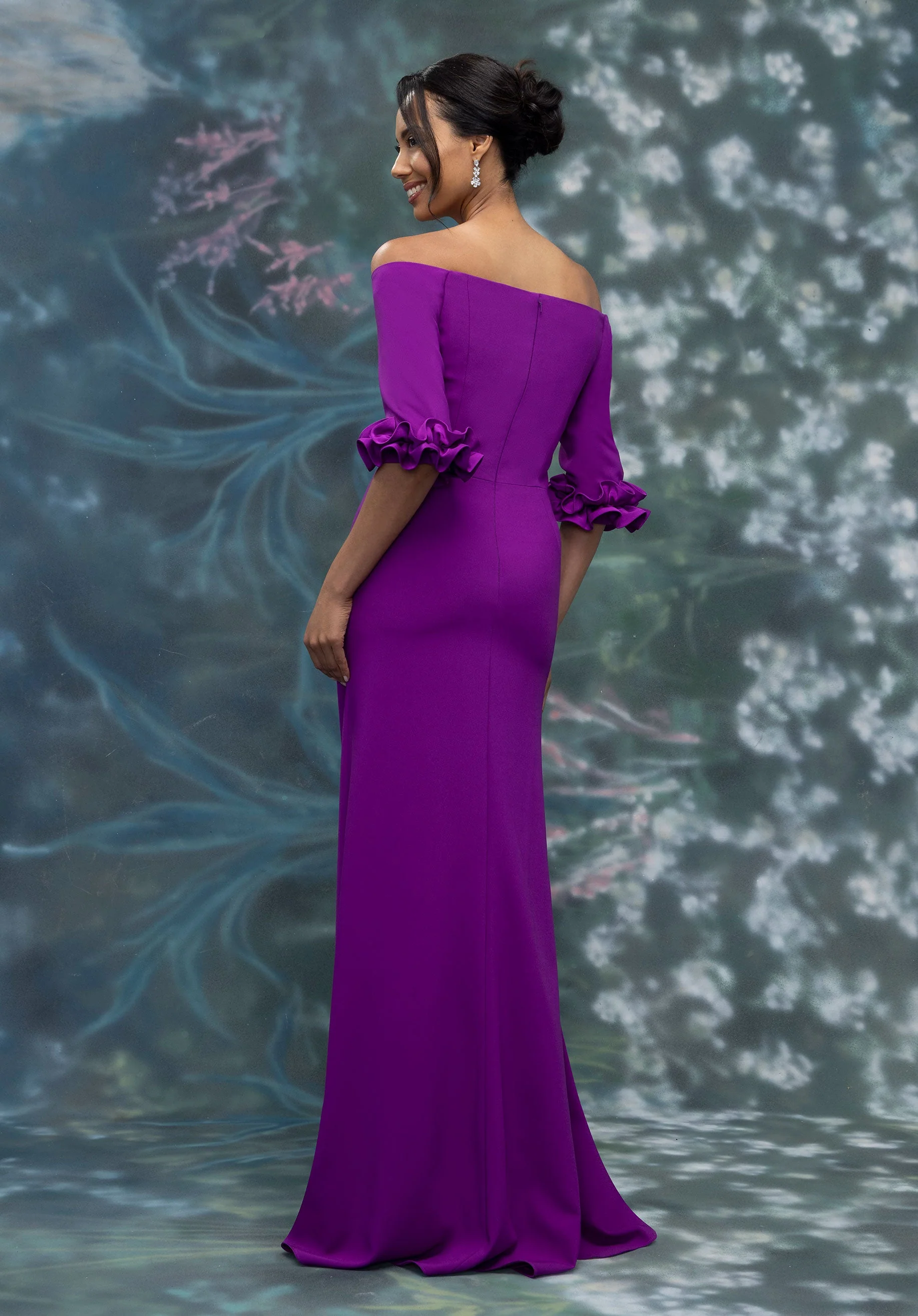 Off The Shoulder Crepe Fit and Flare Evening Gown with Petal Cuffs - Image 5