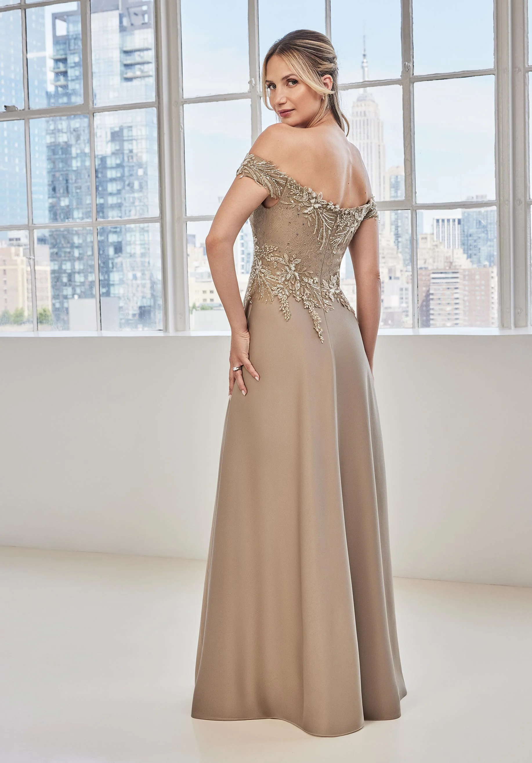 Off The Shoulder Embroidered Crepe Evening Gown - Image 3