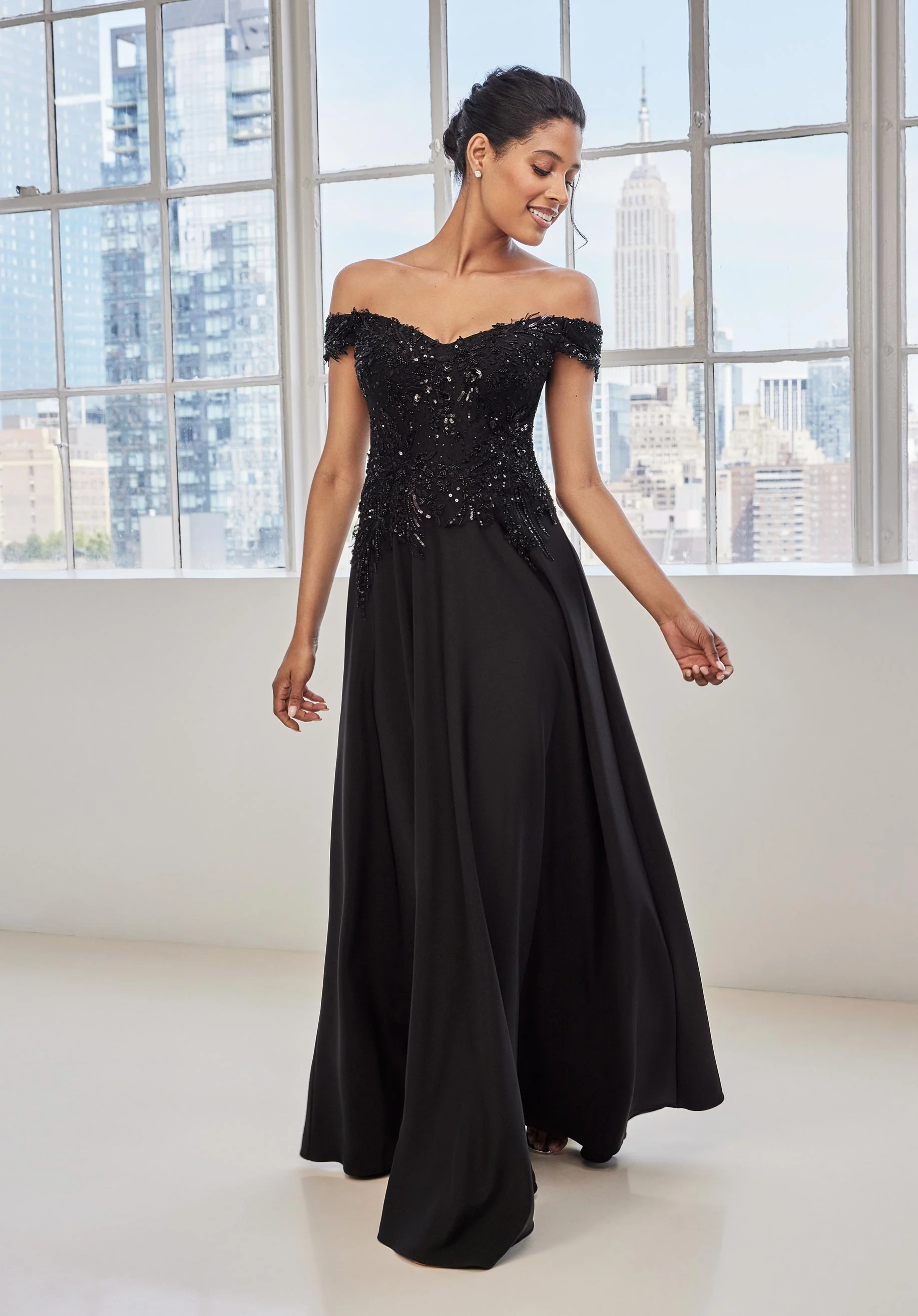 Off The Shoulder Embroidered Crepe Evening Gown - Image 5