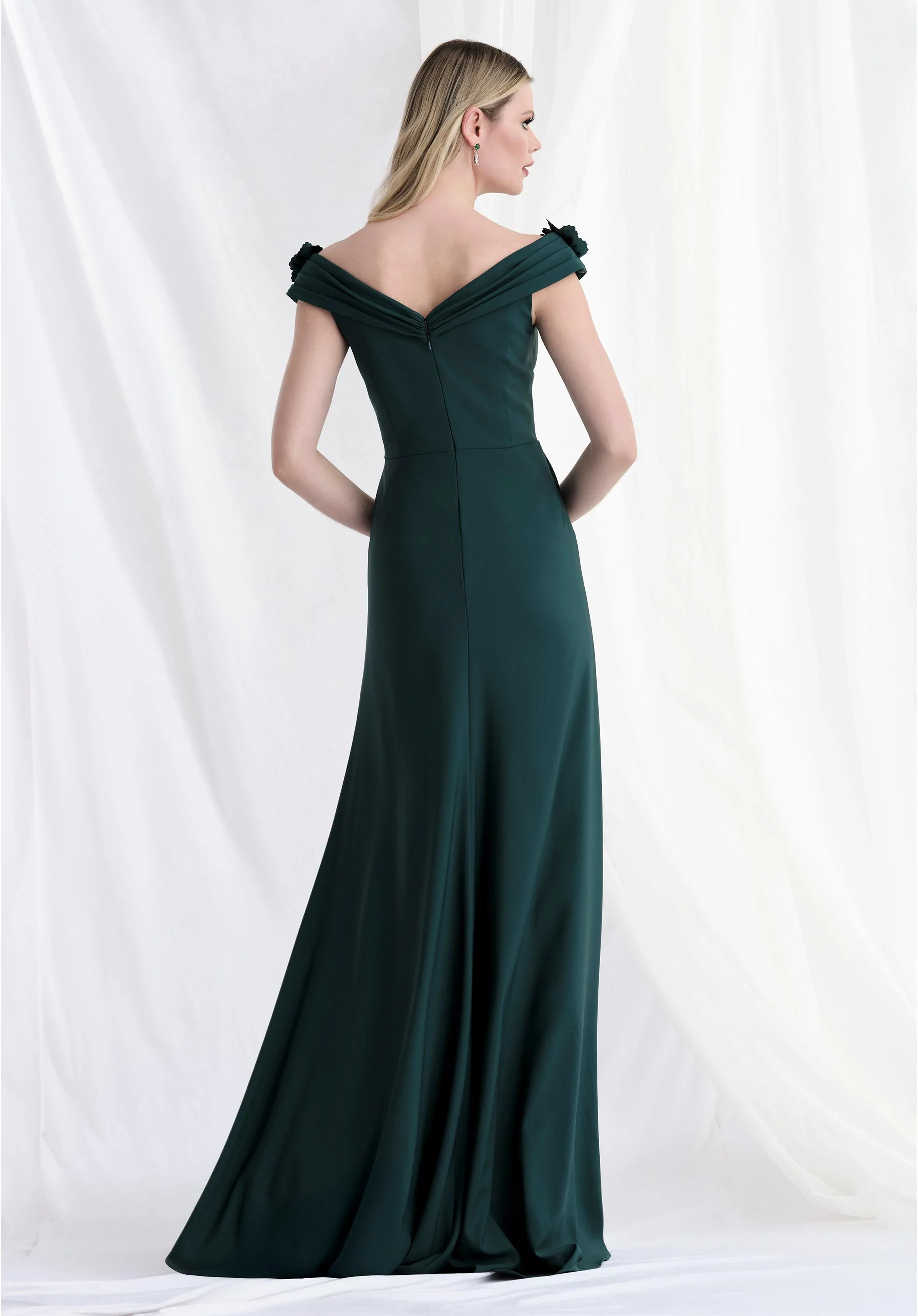 Off The Shoulder Floral Wrap Bodice Fit and Flare Evening Gown - Image 6