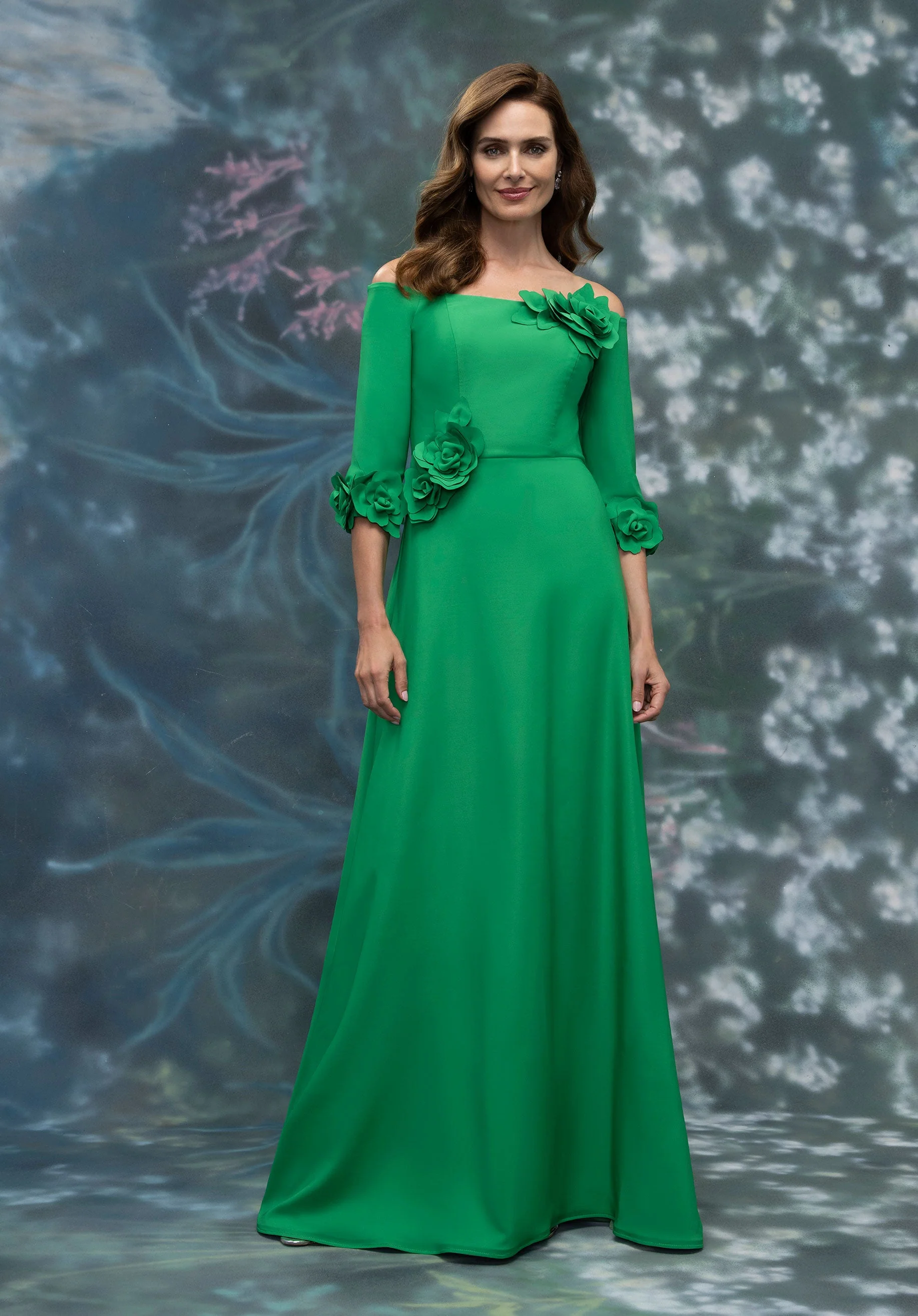 Off The Shoulder Stretch Crepe Evening Gown with 3D Florals - Image 3