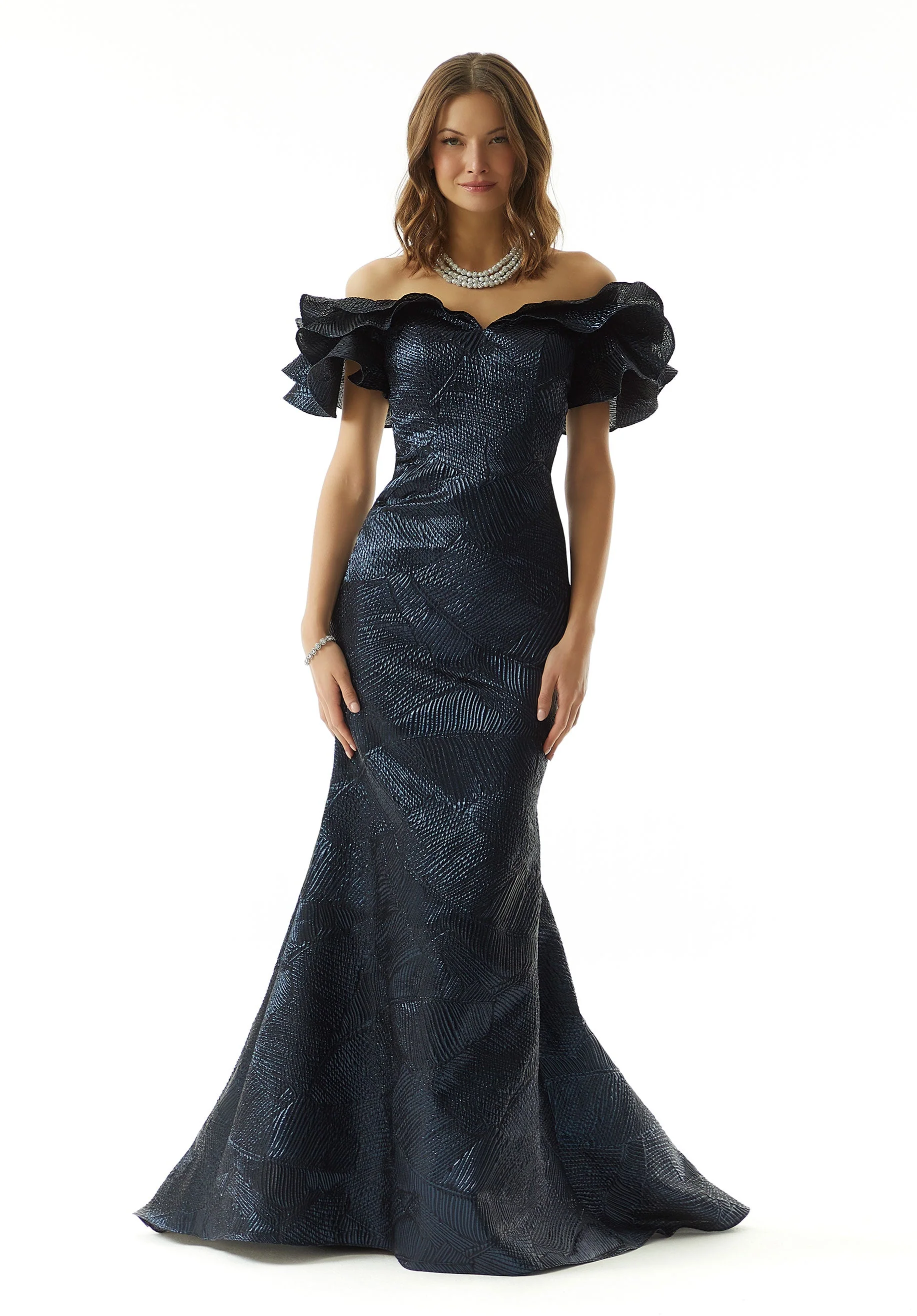 Off The Shoulder Textured Jacquard Evening Gown - Image 3