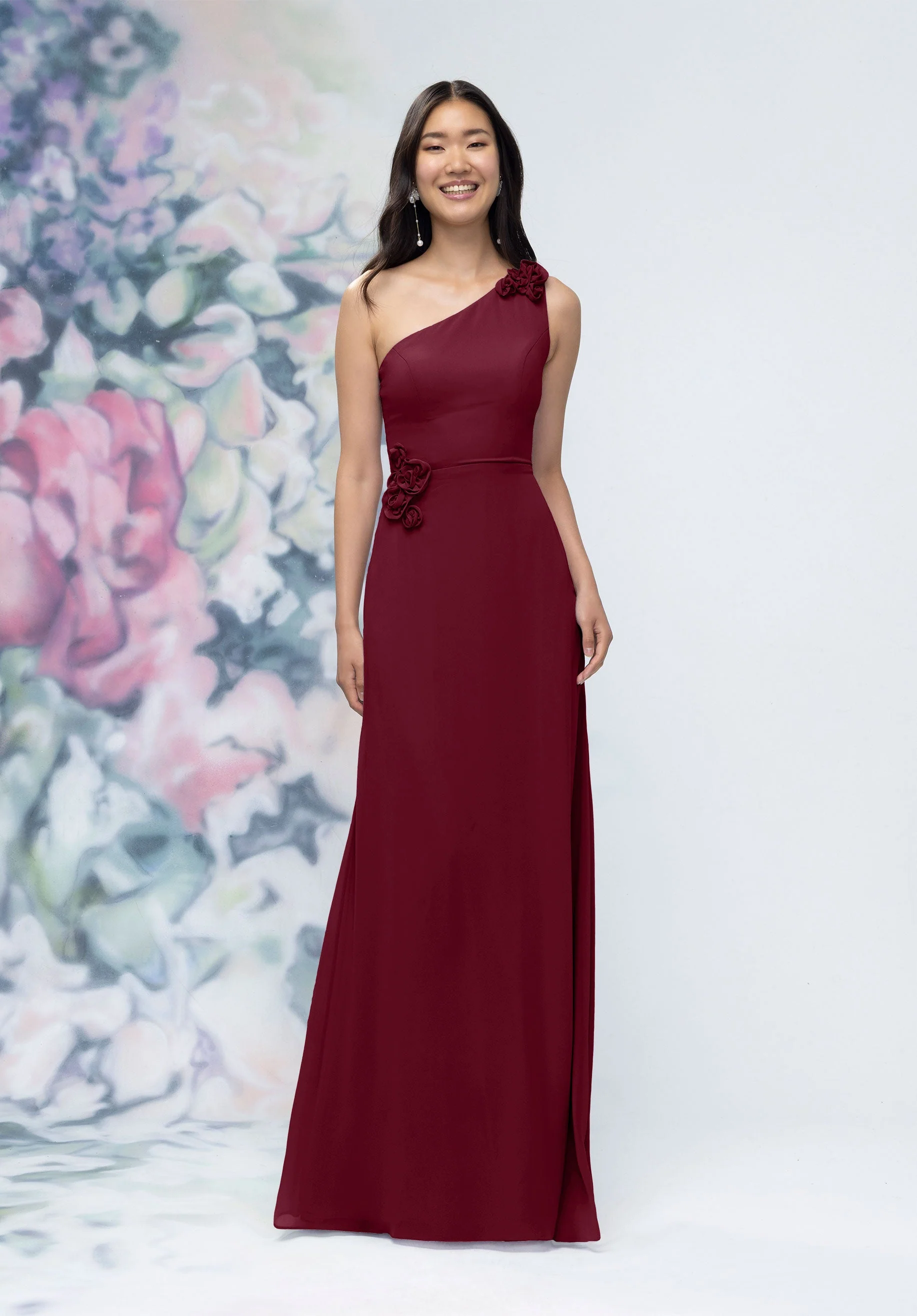 One Shoulder Chiffon Bridesmaid Dress with 3D Floral Details - Image 11