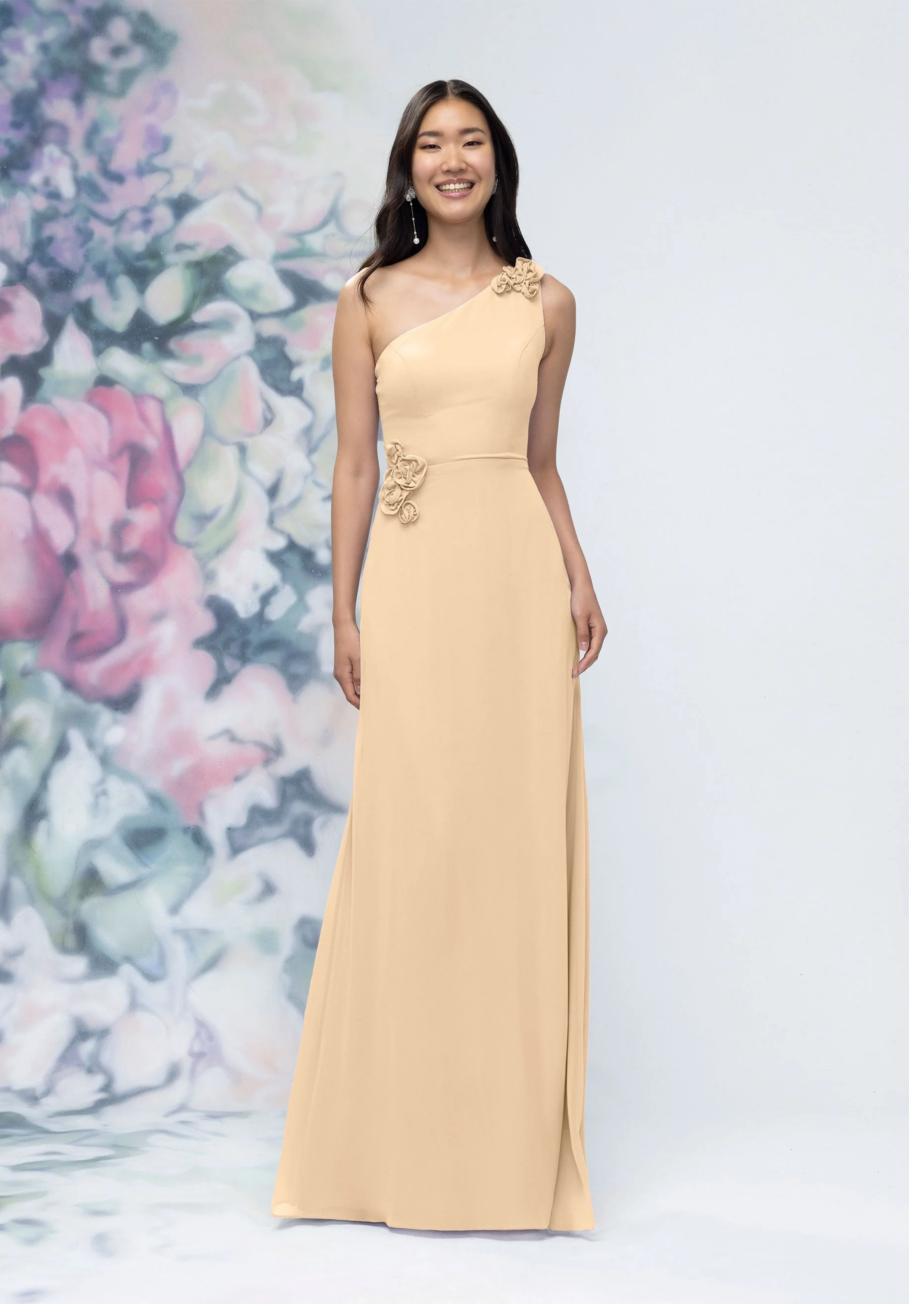 One Shoulder Chiffon Bridesmaid Dress with 3D Floral Details - Image 12