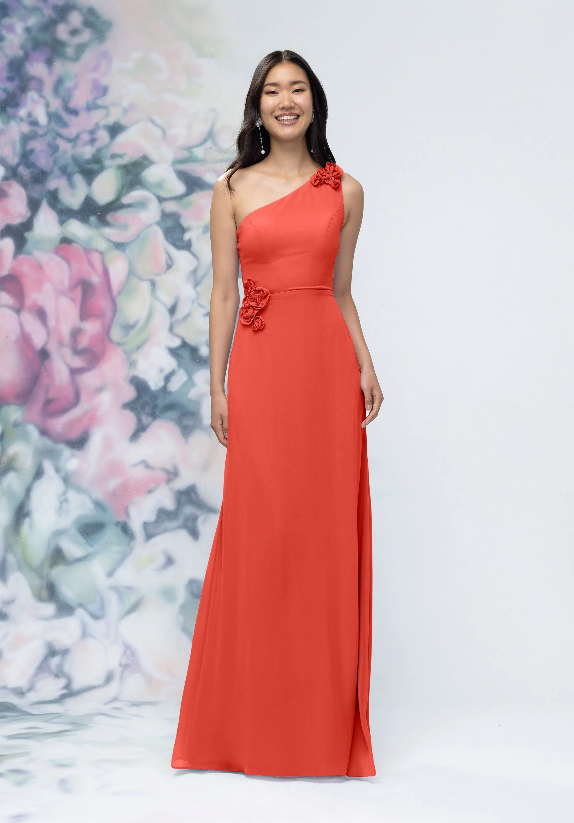 One Shoulder Chiffon Bridesmaid Dress with 3D Floral Details - Image 17