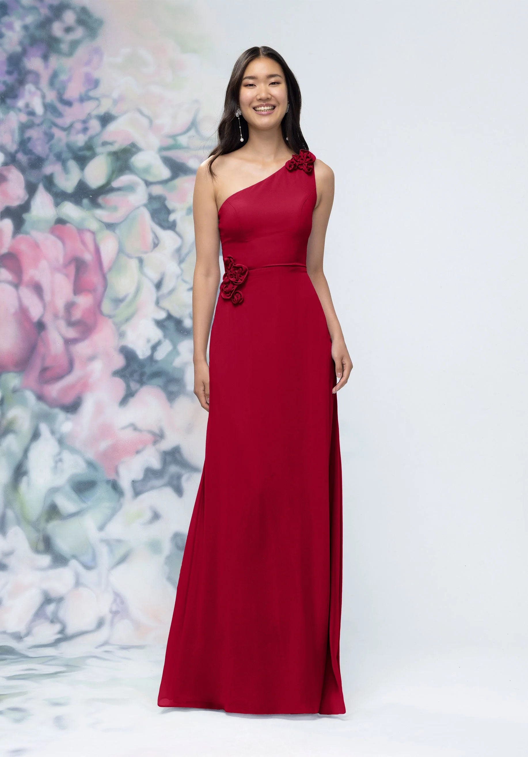 One Shoulder Chiffon Bridesmaid Dress with 3D Floral Details - Image 18