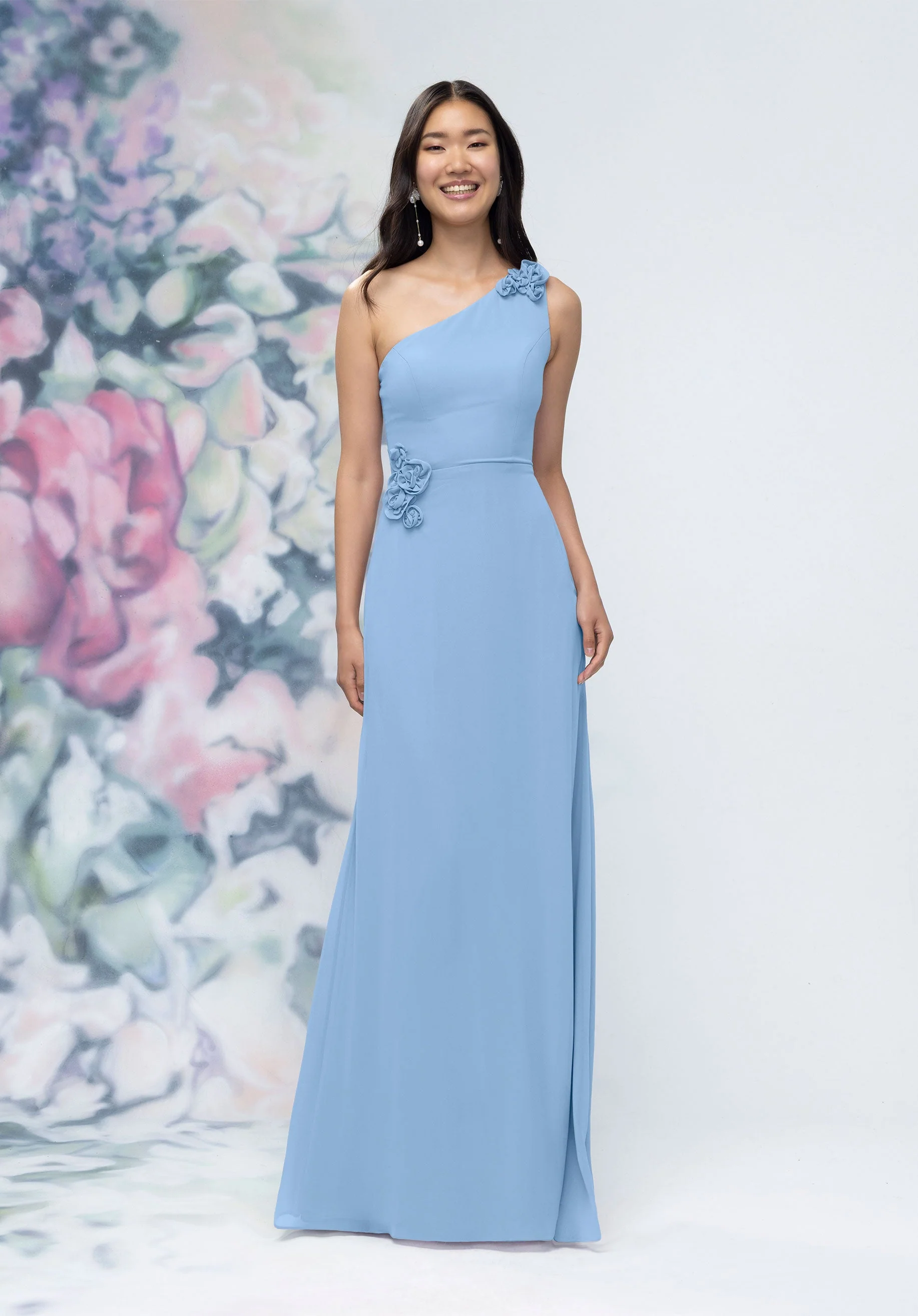 One Shoulder Chiffon Bridesmaid Dress with 3D Floral Details - Image 19