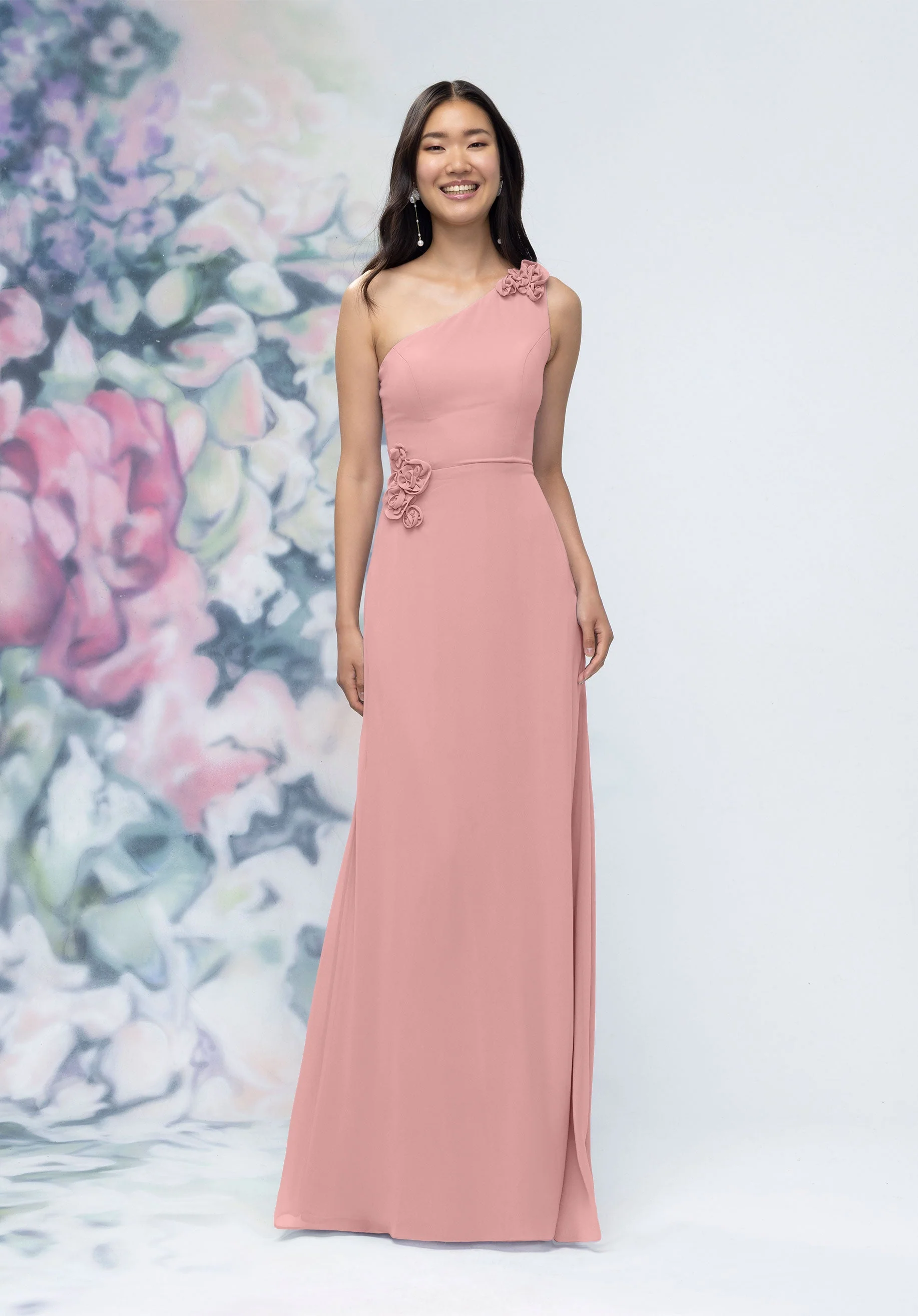 One Shoulder Chiffon Bridesmaid Dress with 3D Floral Details - Image 21