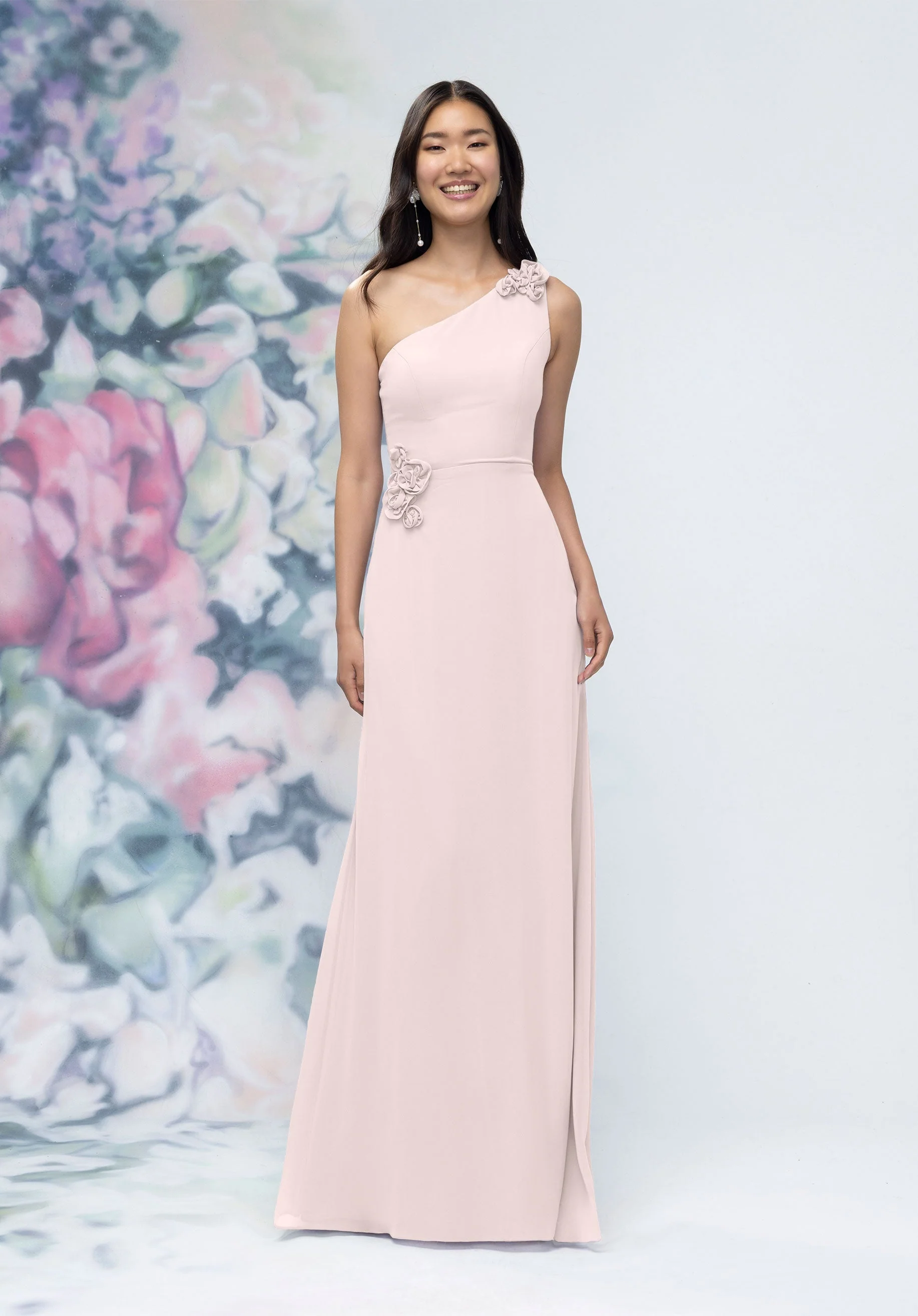 One Shoulder Chiffon Bridesmaid Dress with 3D Floral Details - Image 22