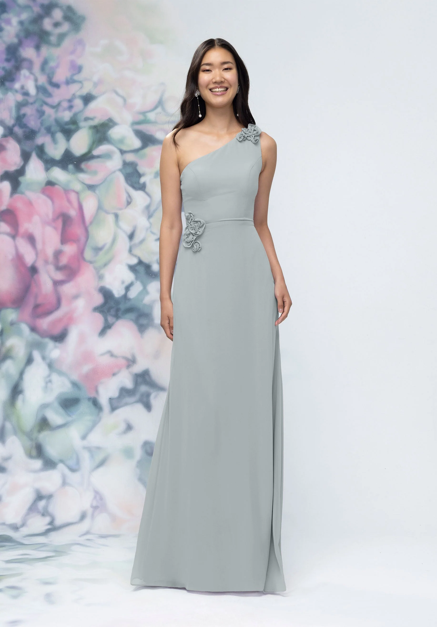 One Shoulder Chiffon Bridesmaid Dress with 3D Floral Details - Image 23