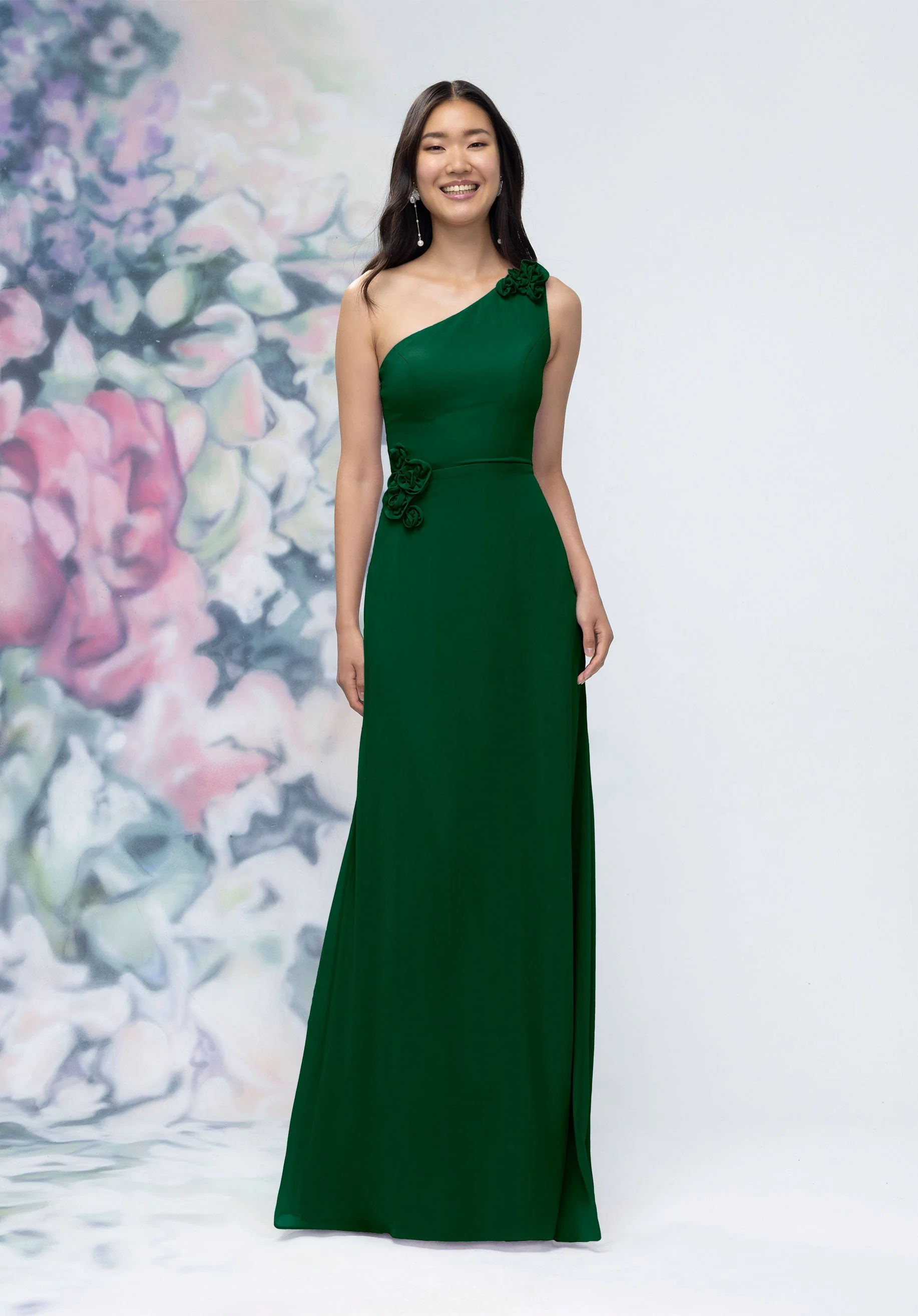 One Shoulder Chiffon Bridesmaid Dress with 3D Floral Details - Image 26