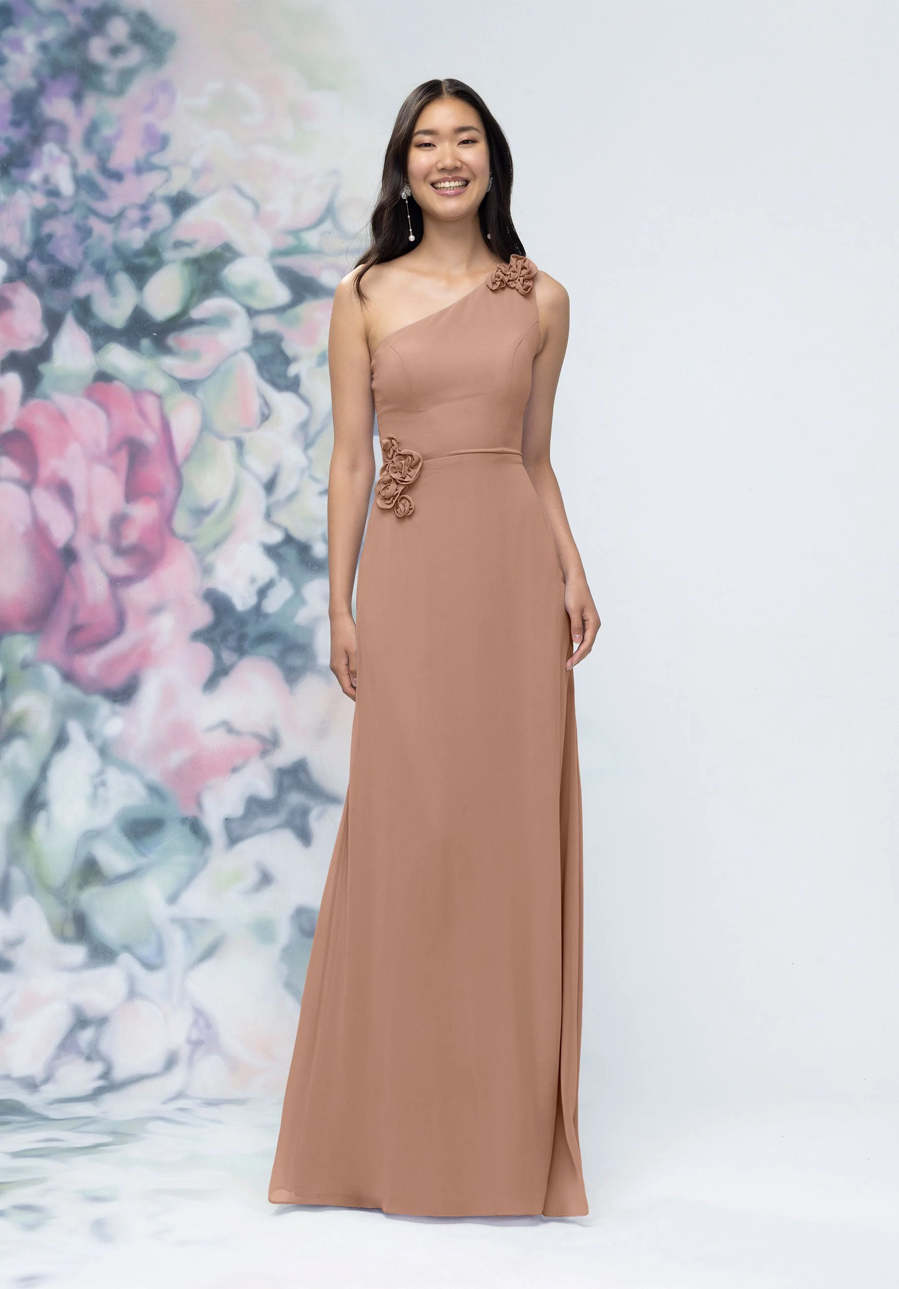 One Shoulder Chiffon Bridesmaid Dress with 3D Floral Details - Image 27