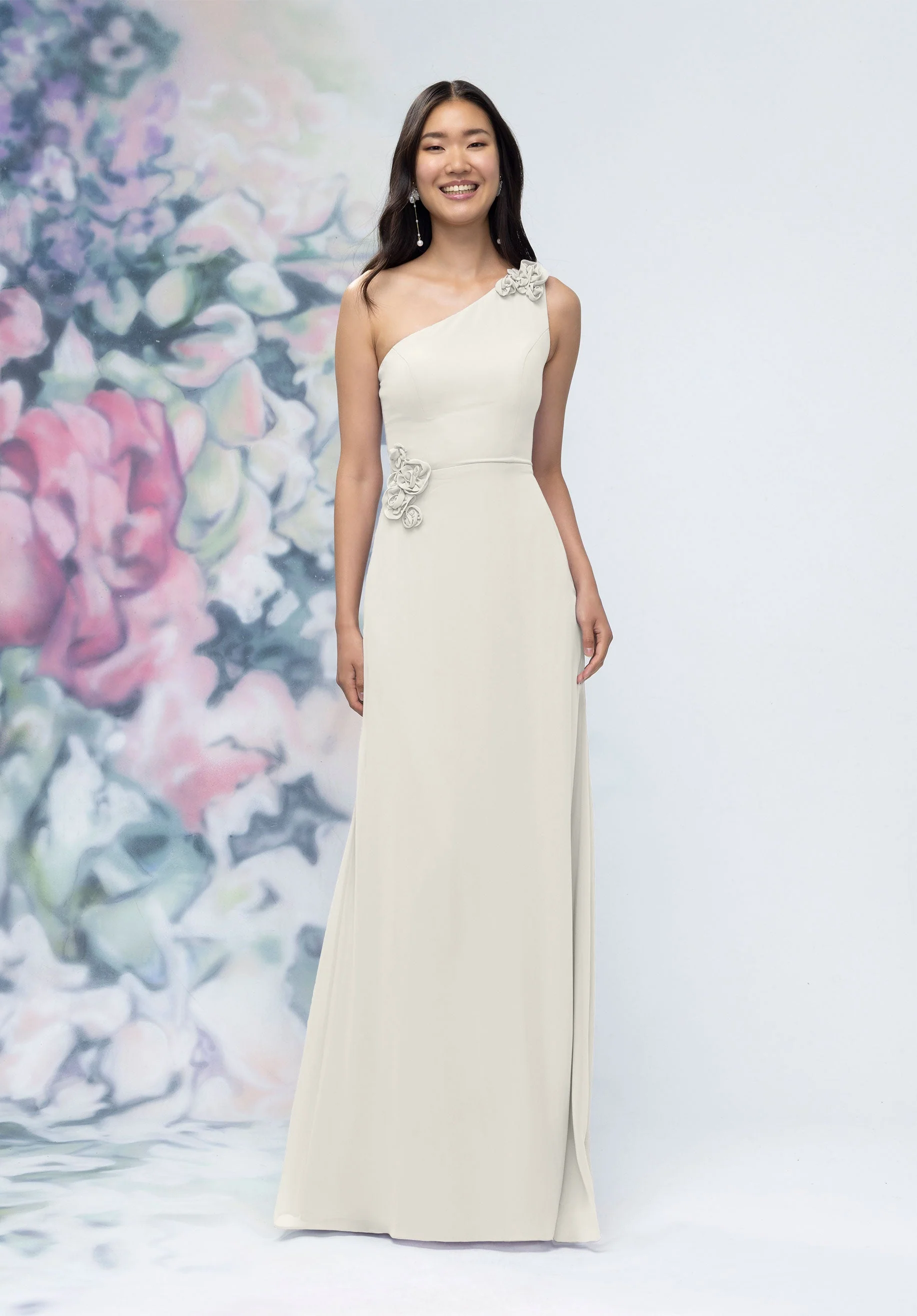 One Shoulder Chiffon Bridesmaid Dress with 3D Floral Details - Image 31
