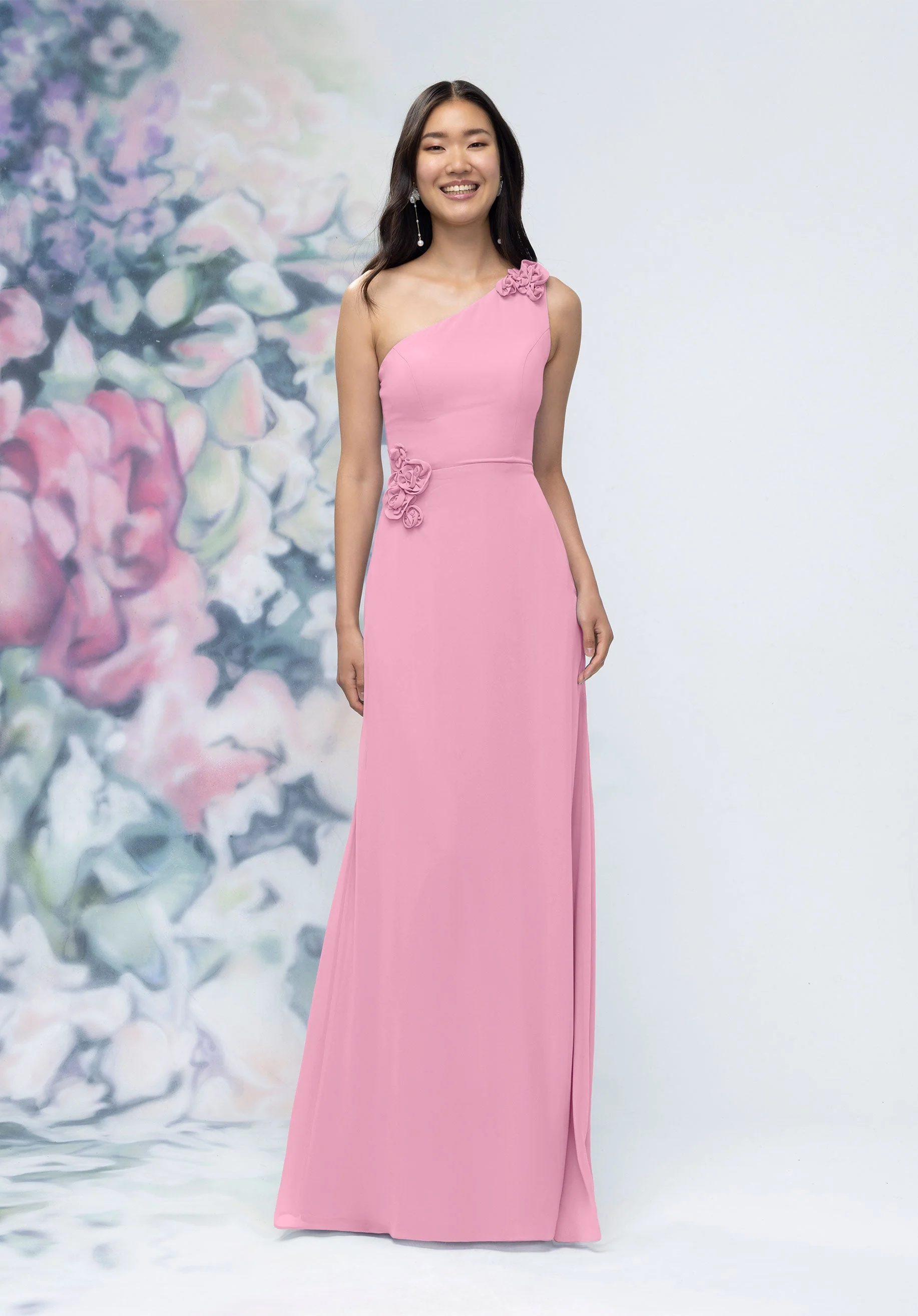 One Shoulder Chiffon Bridesmaid Dress with 3D Floral Details - Image 39
