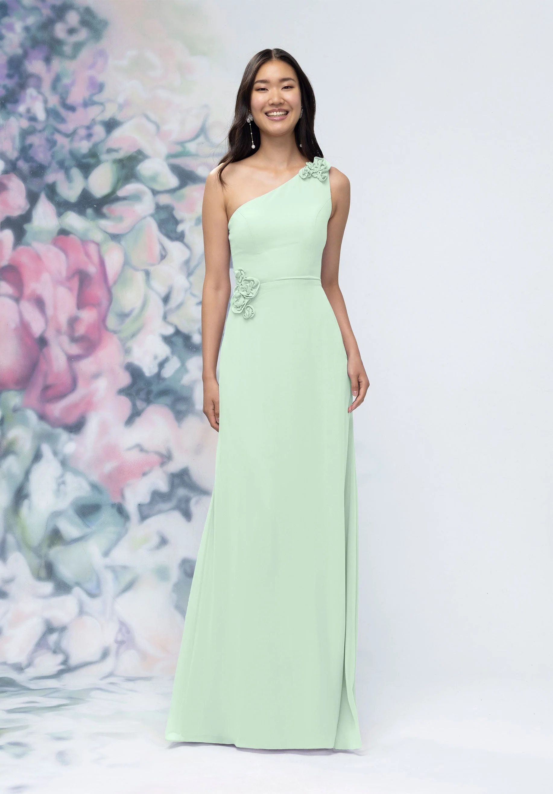 One Shoulder Chiffon Bridesmaid Dress with 3D Floral Details - Image 45