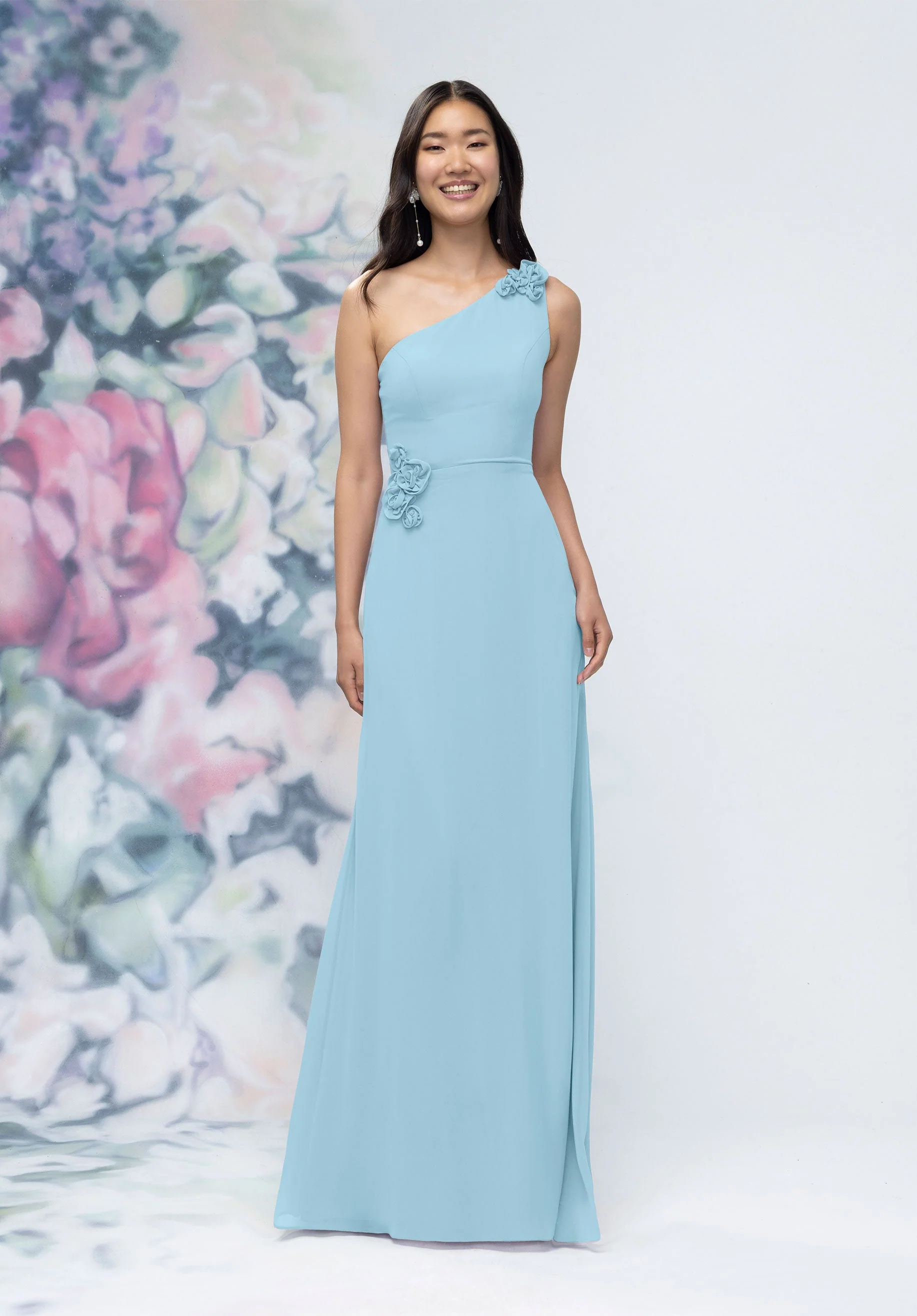 One Shoulder Chiffon Bridesmaid Dress with 3D Floral Details - Image 47