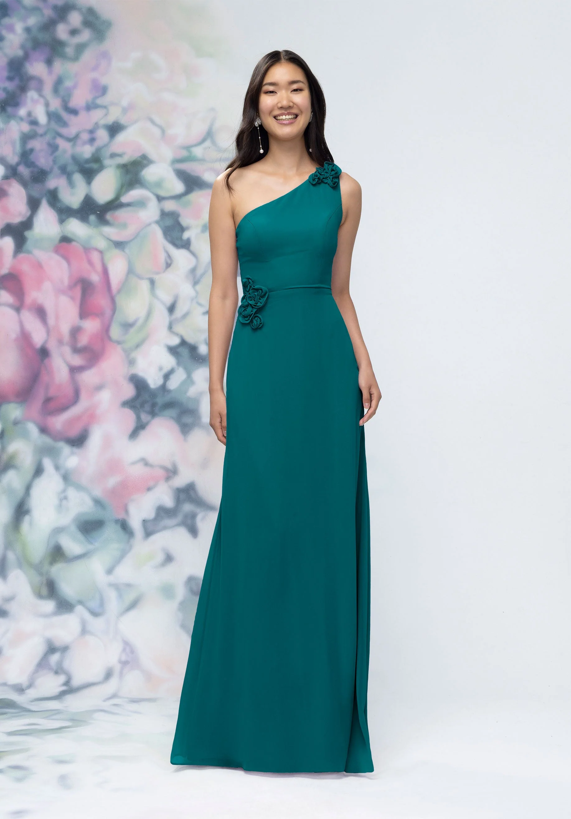 One Shoulder Chiffon Bridesmaid Dress with 3D Floral Details - Image 52