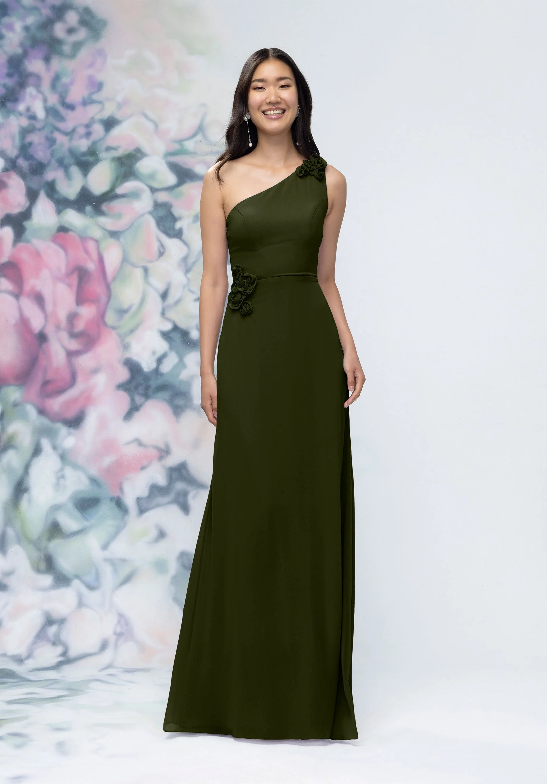 One Shoulder Chiffon Bridesmaid Dress with 3D Floral Details - Image 54