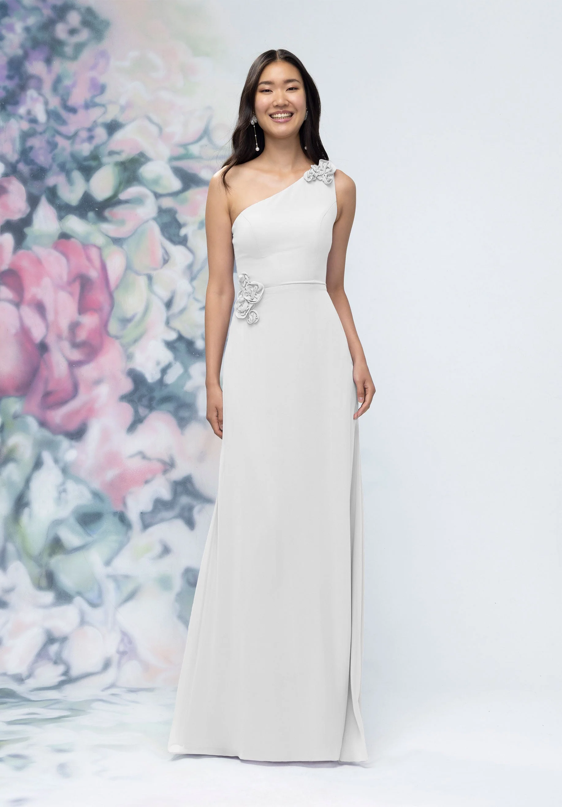 One Shoulder Chiffon Bridesmaid Dress with 3D Floral Details - Image 56
