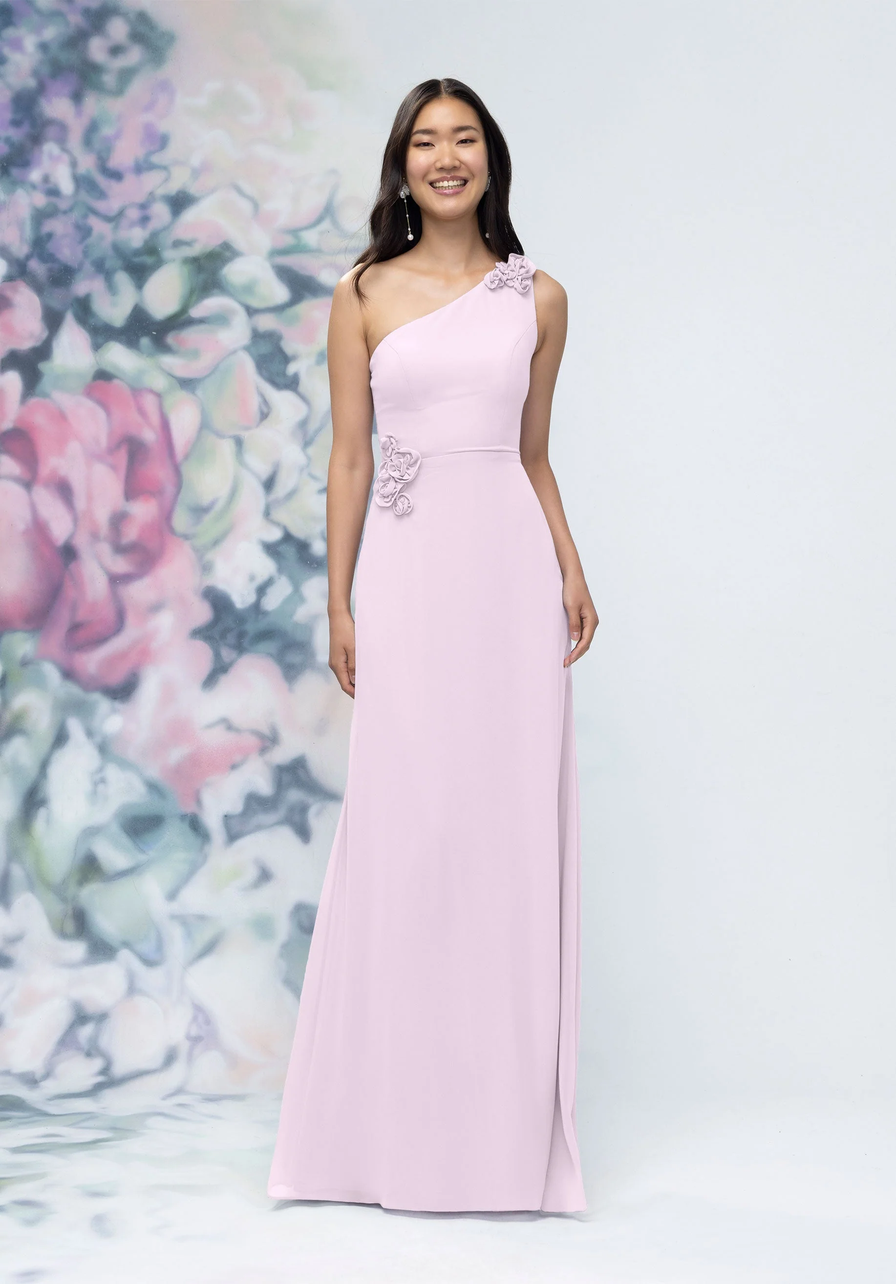 One Shoulder Chiffon Bridesmaid Dress with 3D Floral Details - Image 57