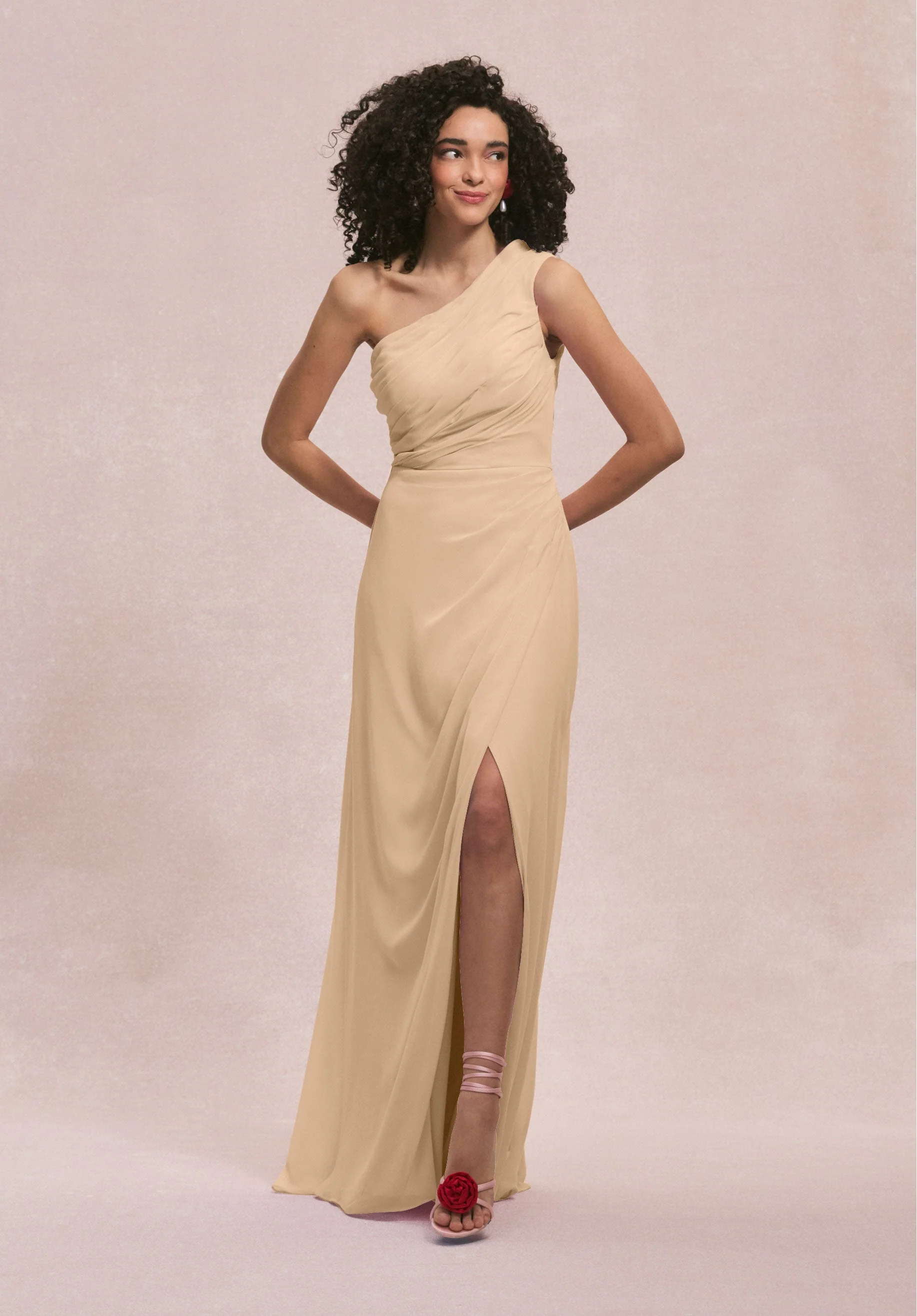 One Shoulder Chiffon Bridesmaid Dress with Skirt Slit - Image 18