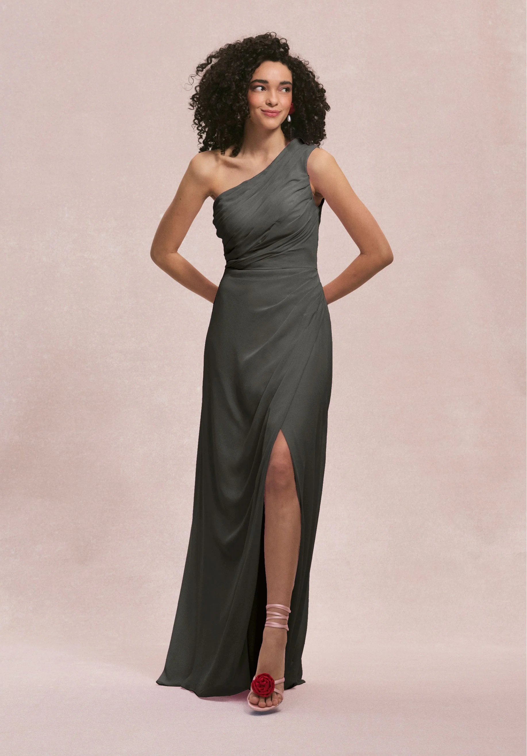 One Shoulder Chiffon Bridesmaid Dress with Skirt Slit - Image 19