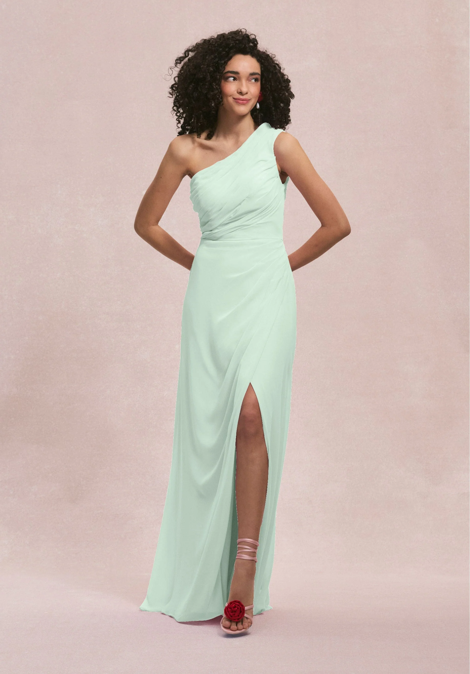 One Shoulder Chiffon Bridesmaid Dress with Skirt Slit - Image 47