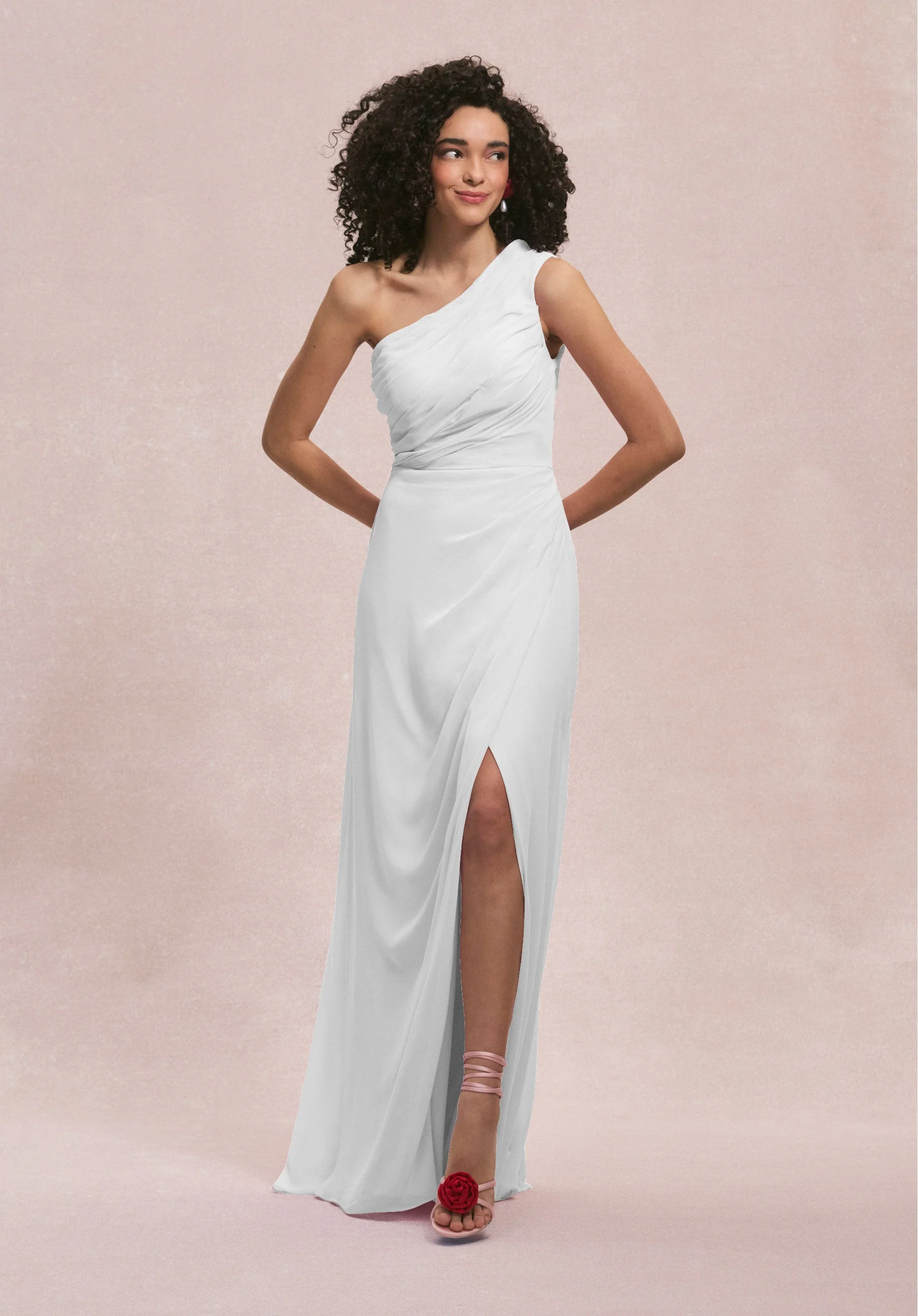 One Shoulder Chiffon Bridesmaid Dress with Skirt Slit - Image 58