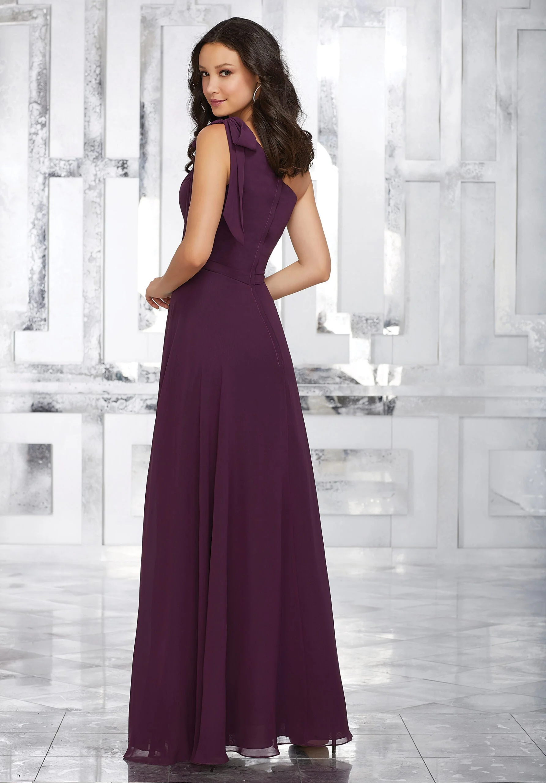 One Shoulder Chiffon Bridesmaids Dress with Removable Shoulder Bow - Image 4