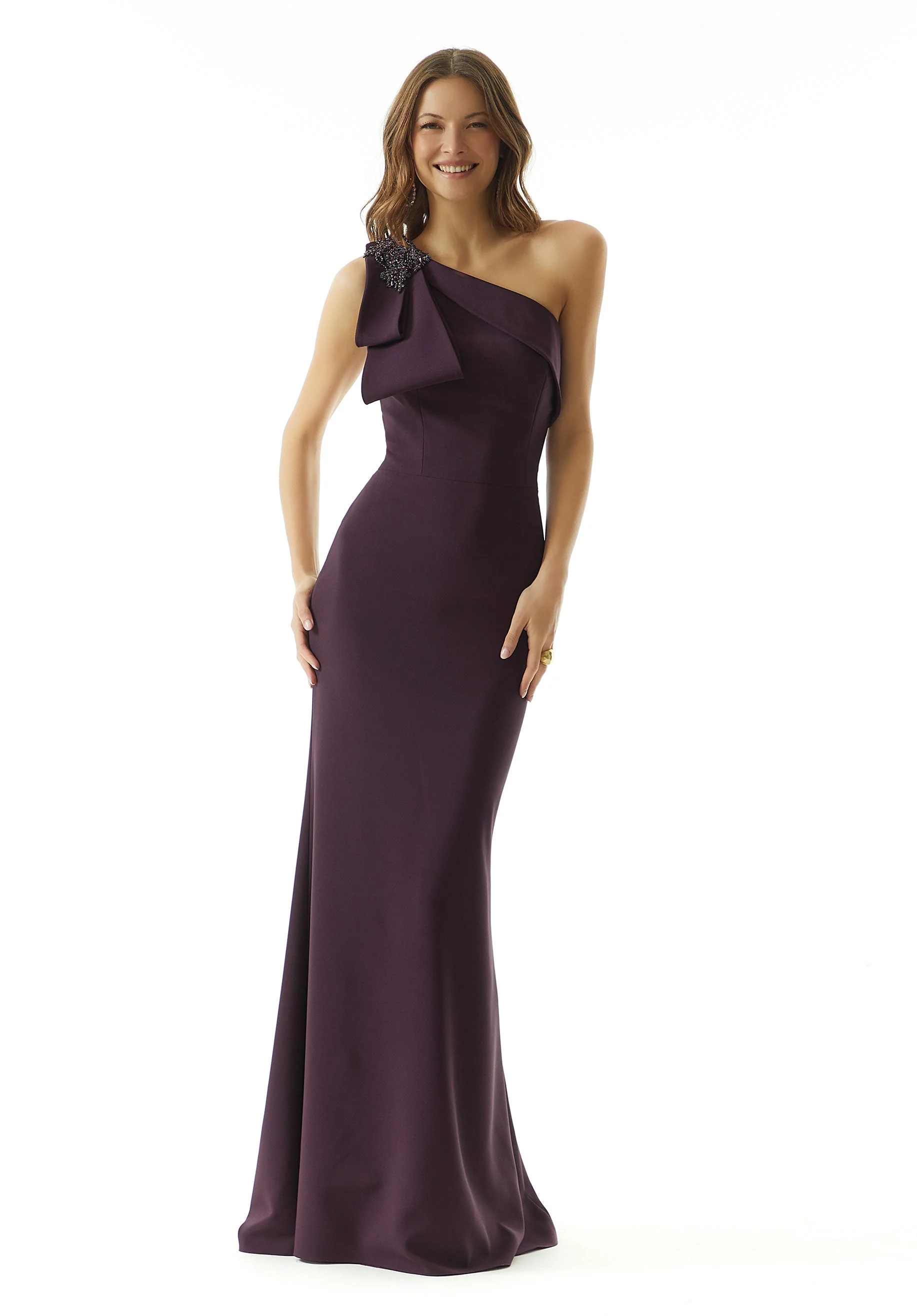 One Shoulder Fit and Flare Evening Gown in Stretch Crepe - Image 3