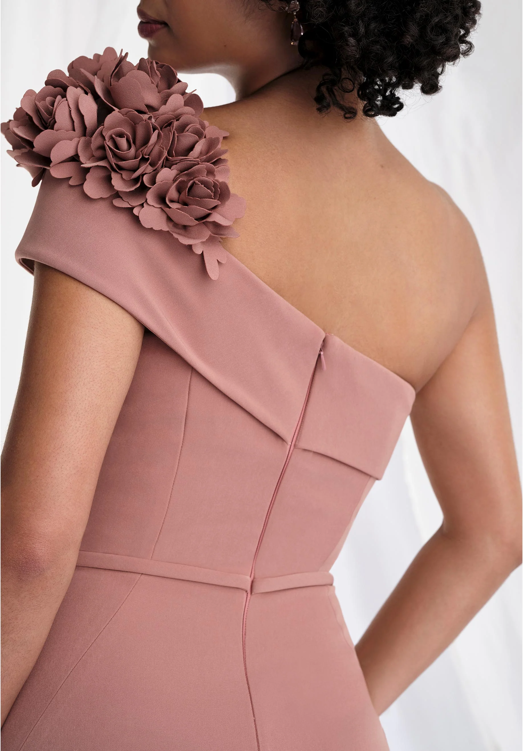 One Shoulder Fit and Flare Evening Gown with Three Dimensional Floral Applique - Image 4