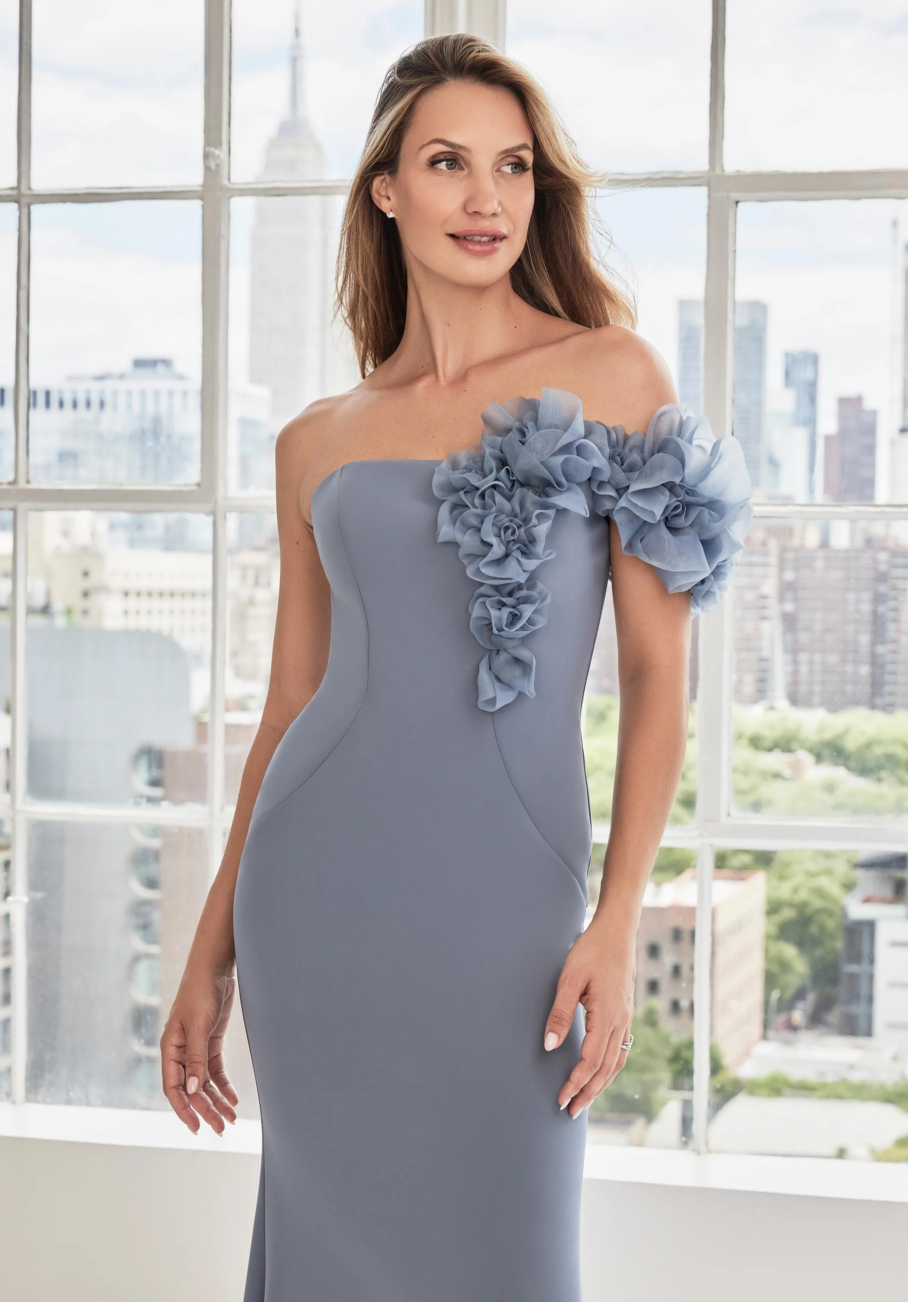 One Shoulder Floral Drape Evening Gown in Scuba Jersey - Image 3
