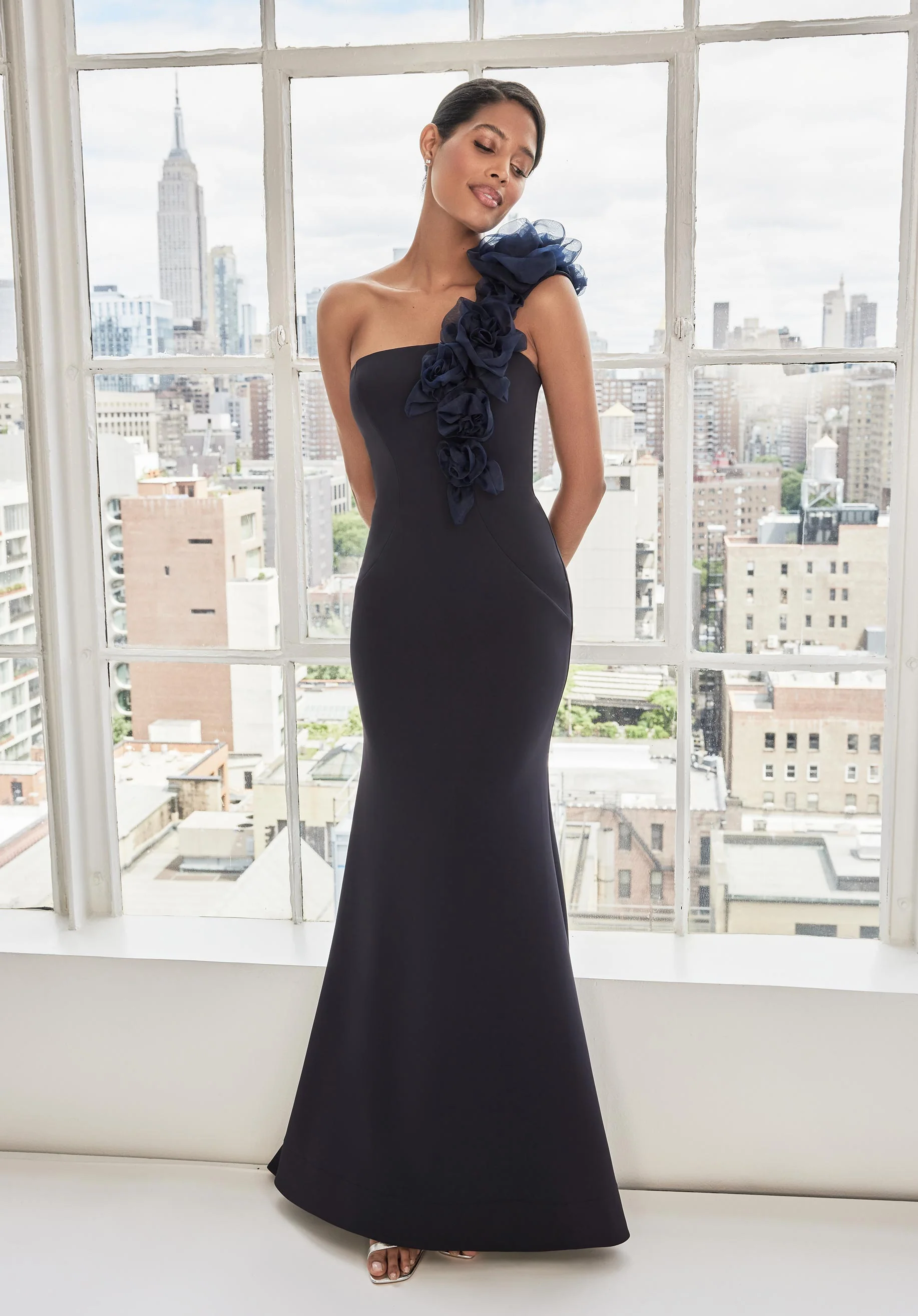 One Shoulder Floral Drape Evening Gown in Scuba Jersey - Image 4