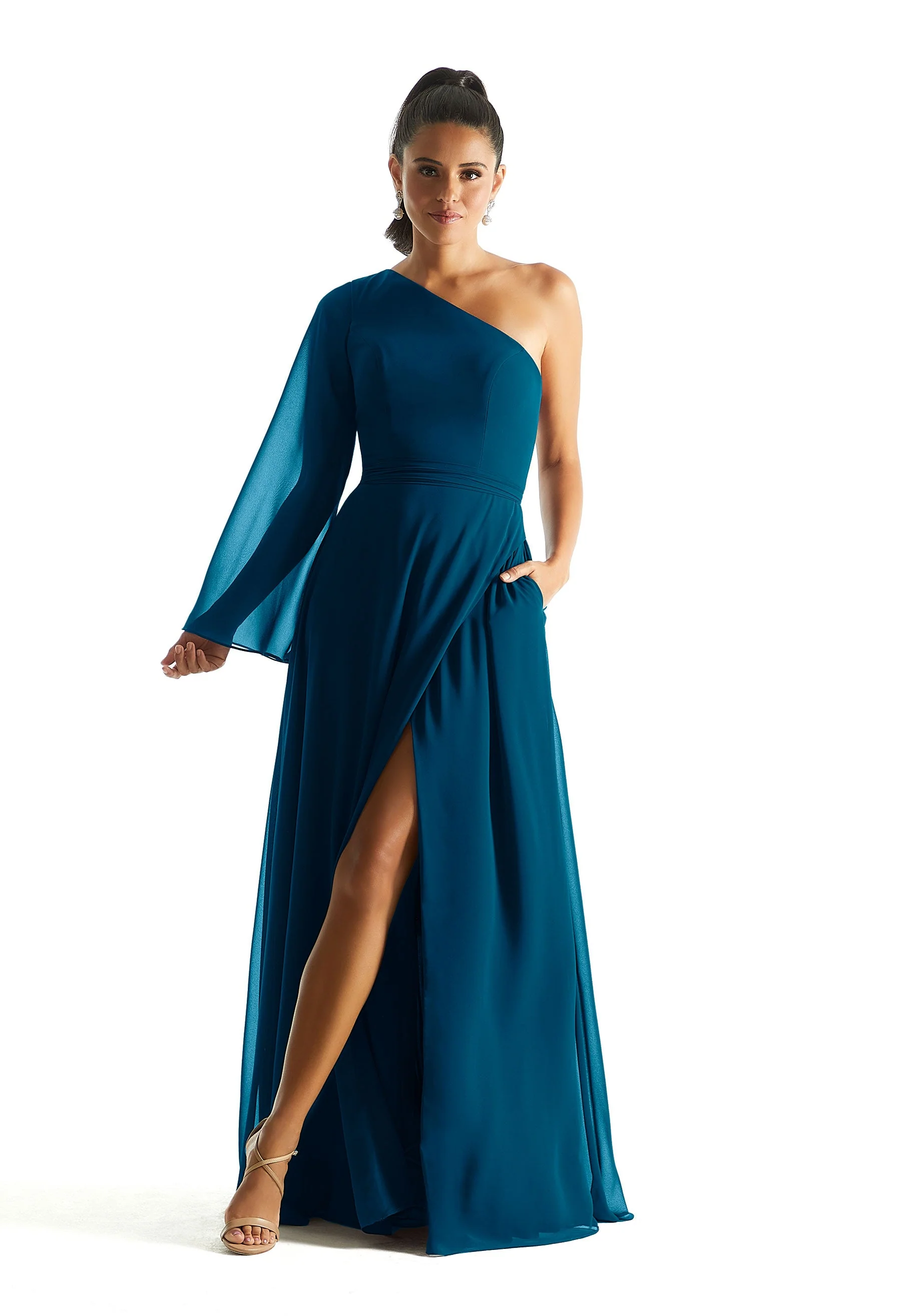 One Shoulder Long Sleeve Bridesmaid Dress - Image 37