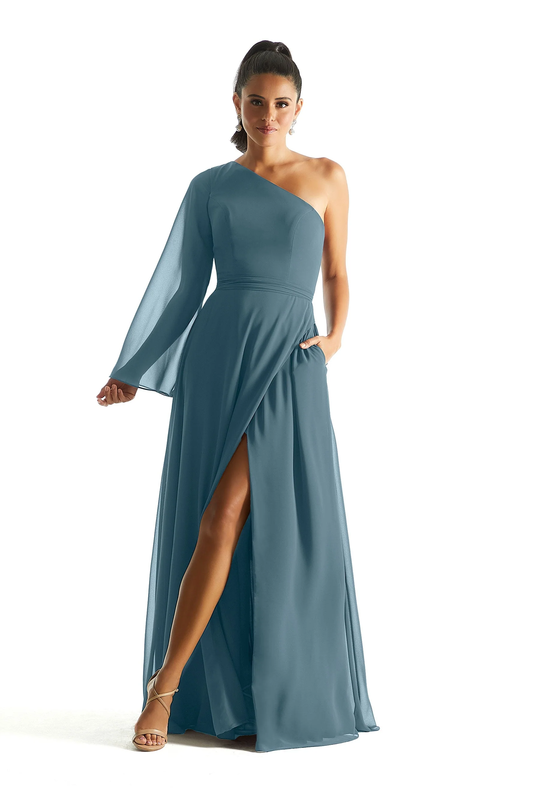 One Shoulder Long Sleeve Bridesmaid Dress - Image 50