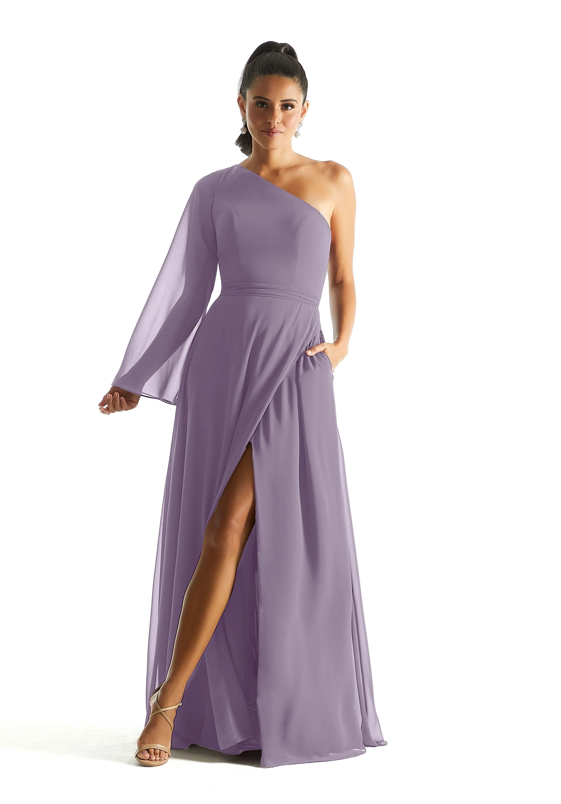 One Shoulder Long Sleeve Bridesmaid Dress - Image 56
