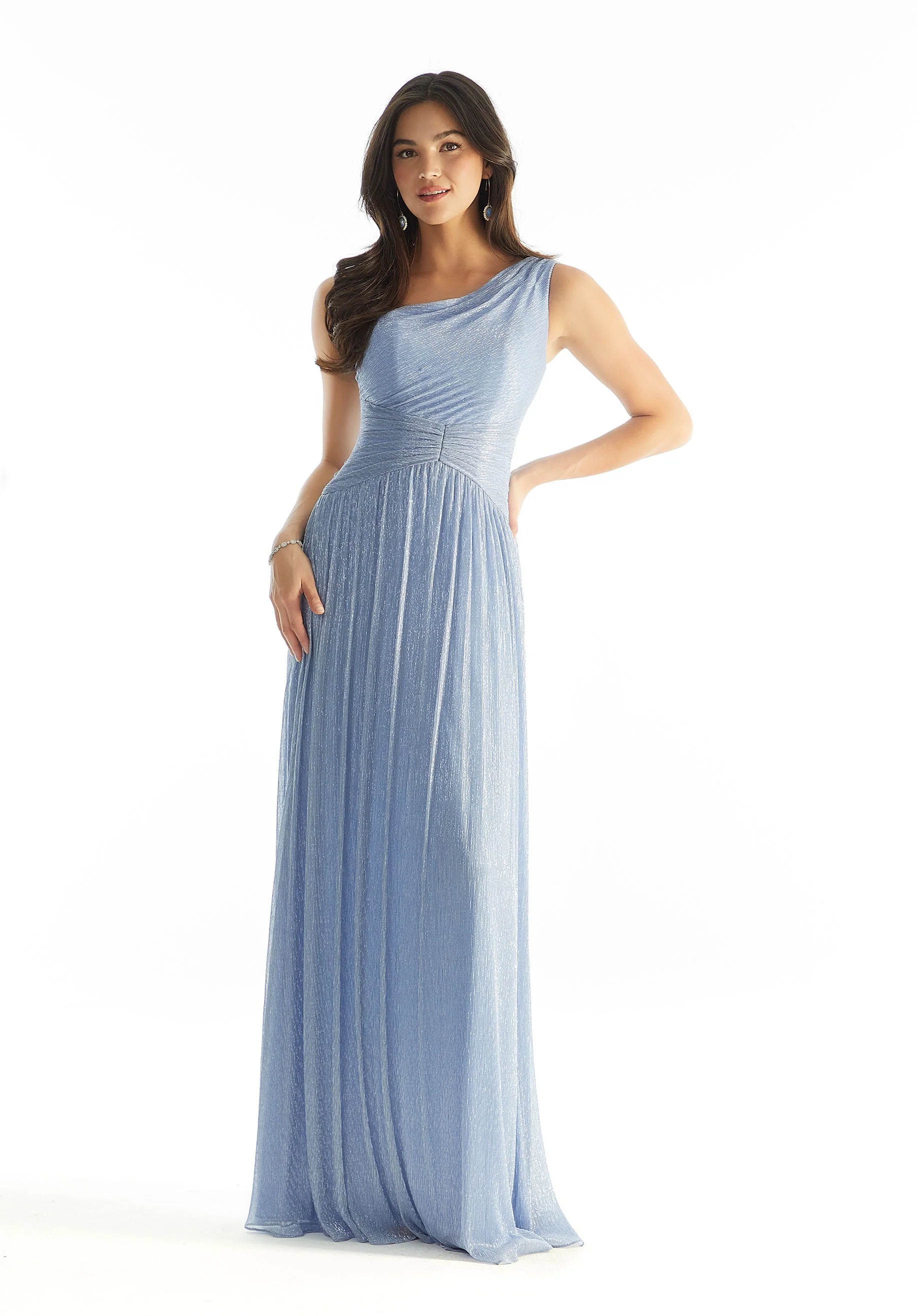 One Shoulder Pleated Shimmer Bridesmaid Dress with Asymmetric Waist - Image 6