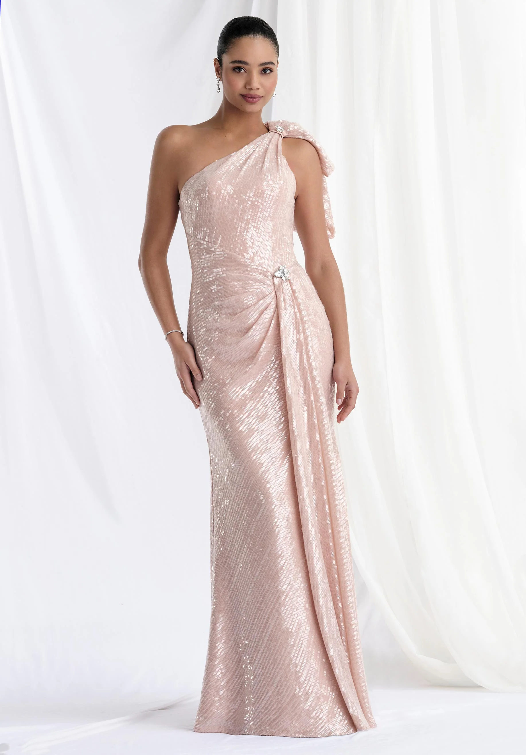 One Shoulder Bow Sequin A-Line Evening Gown