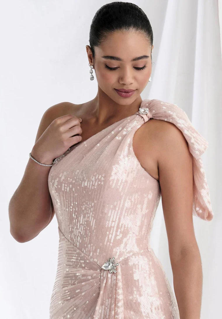 One Shoulder Bow Sequin A-Line Evening Gown - Image 2