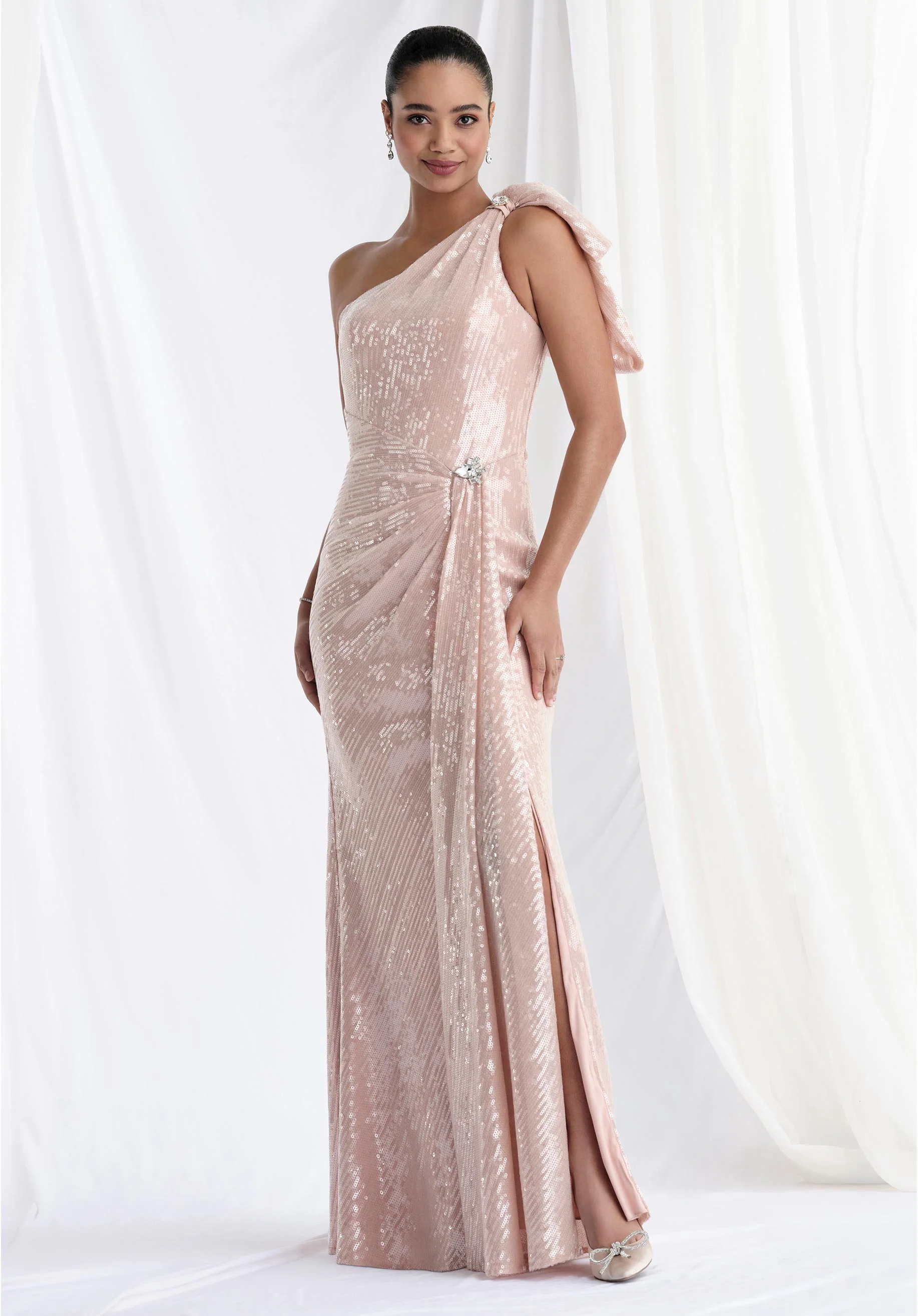One Shoulder Bow Sequin A-Line Evening Gown - Image 3