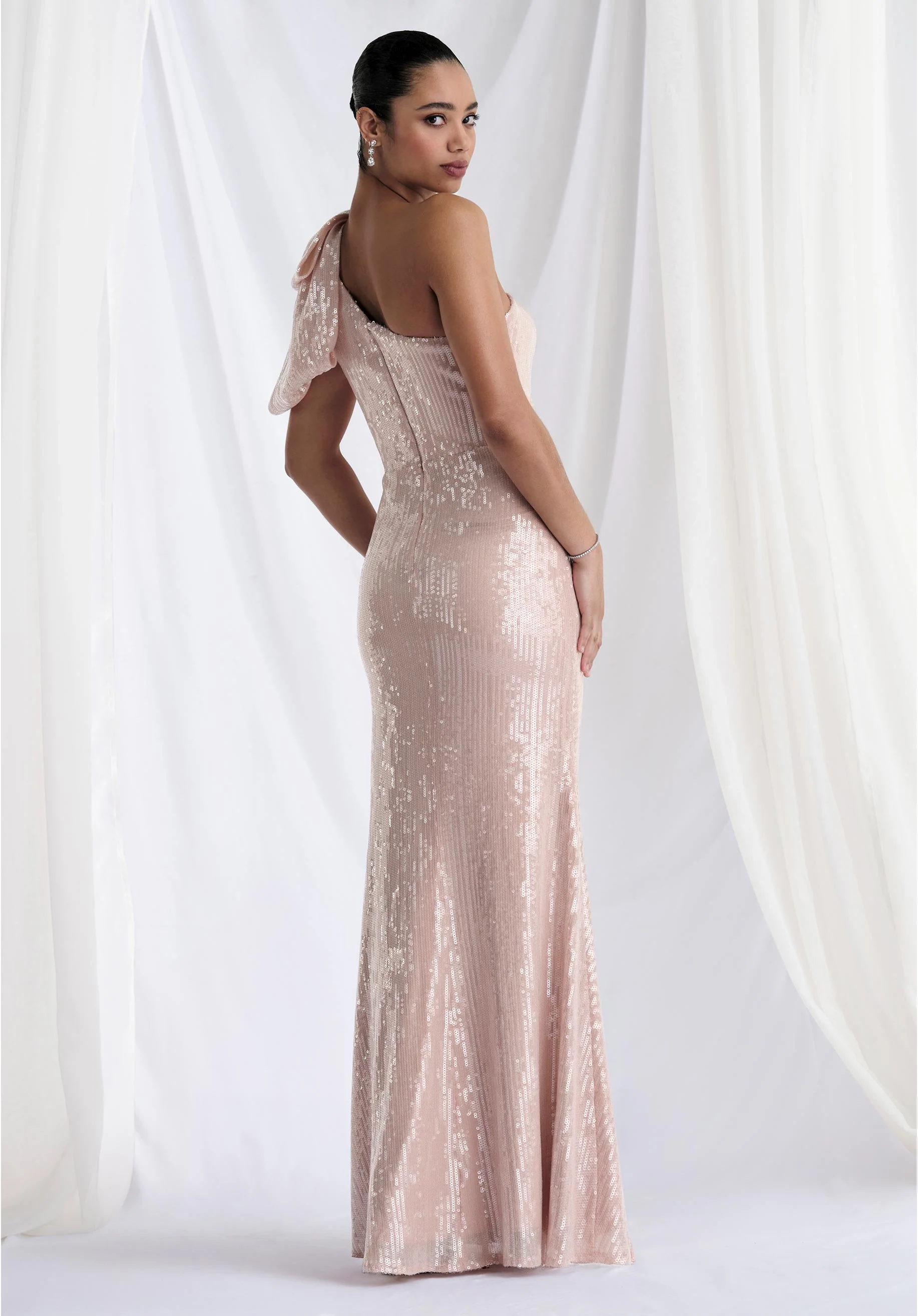One Shoulder Bow Sequin A-Line Evening Gown - Image 6