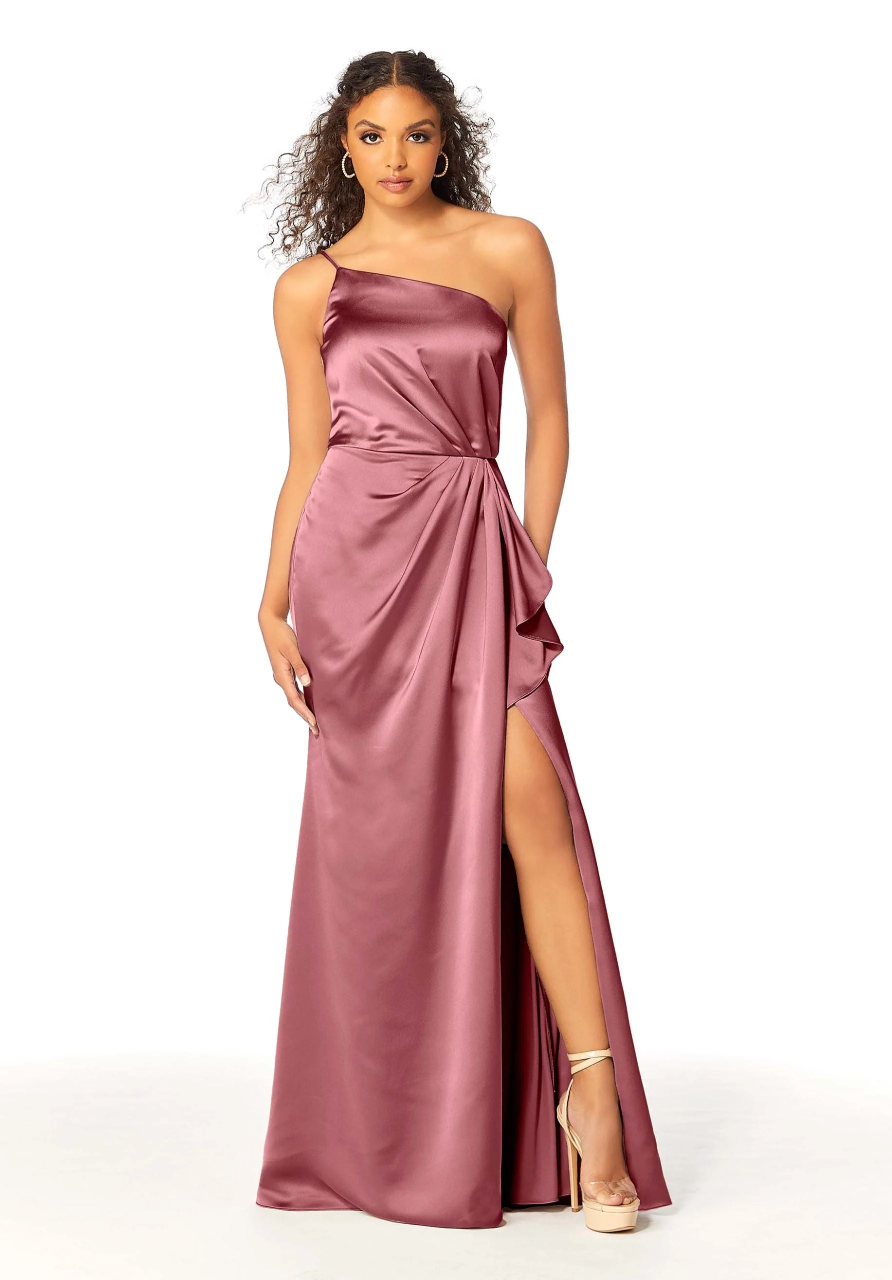 One Shoulder Silky Satin Bridesmaid Dress with Skirt Slit - Image 14