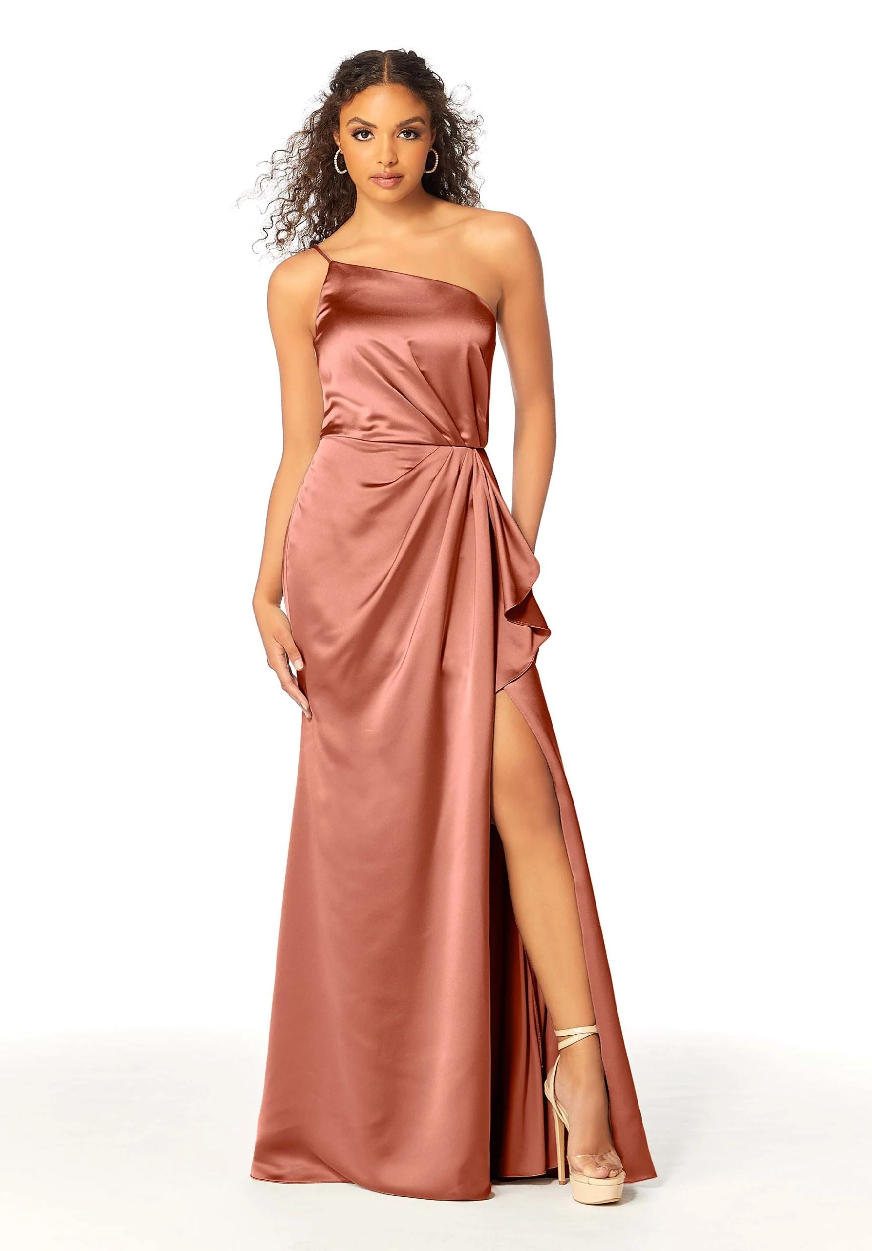 One Shoulder Silky Satin Bridesmaid Dress with Skirt Slit - Image 16