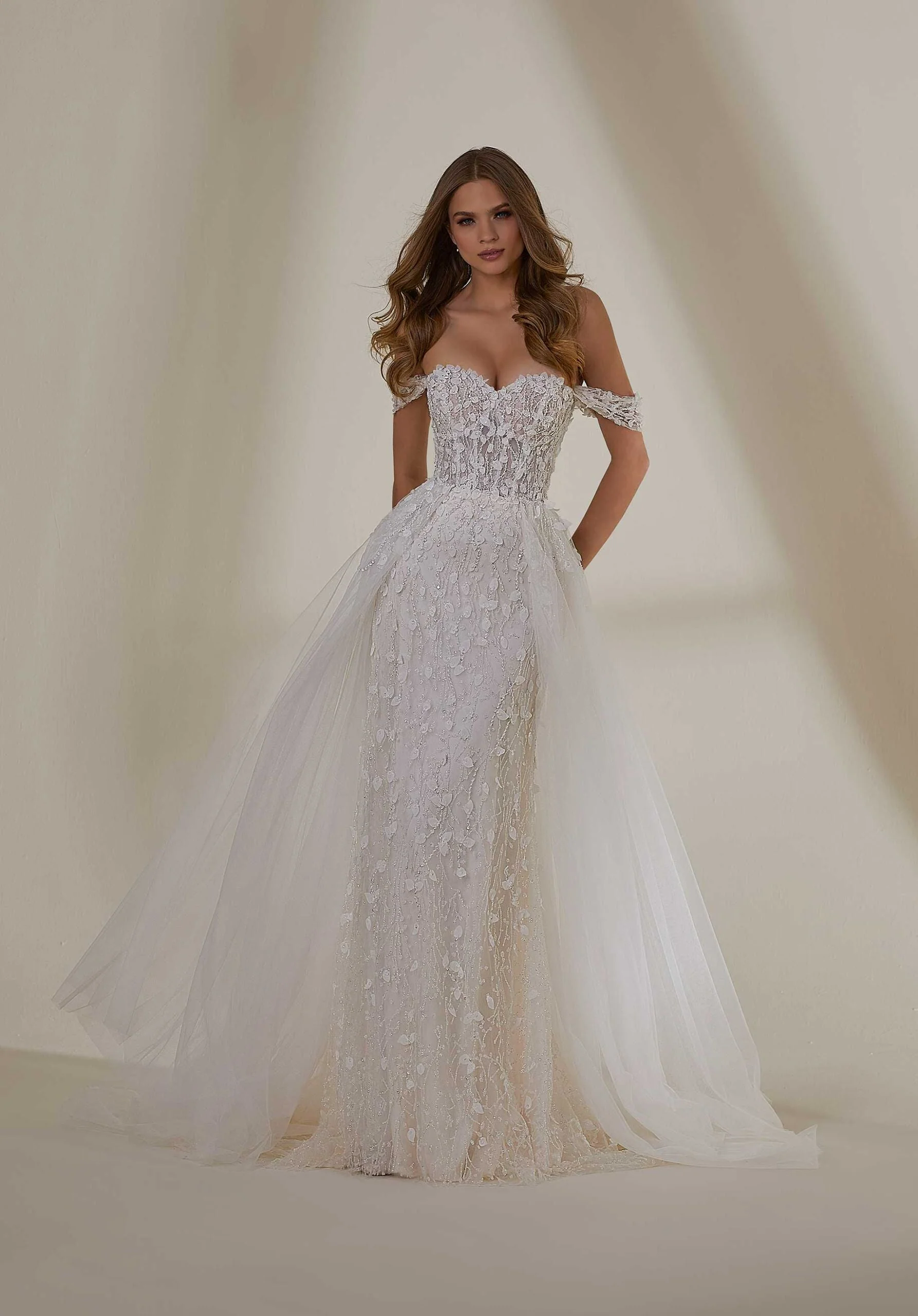Overskirt with Pearl and Crystal Beaded Three-Dimensional Petals