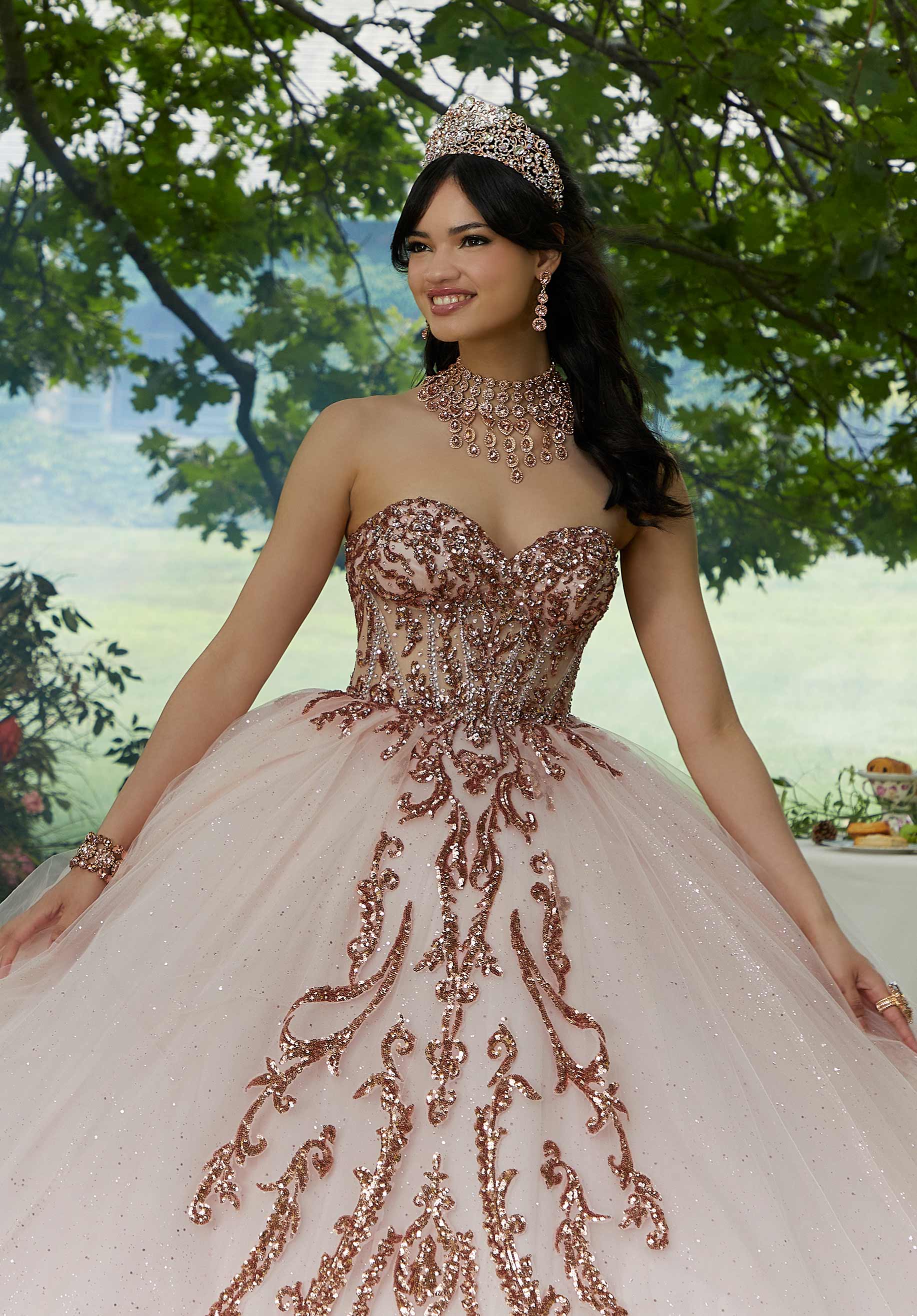 Pattern Sequin Rhinestone and Crystal Beaded Quicneañera Dress - Image 2