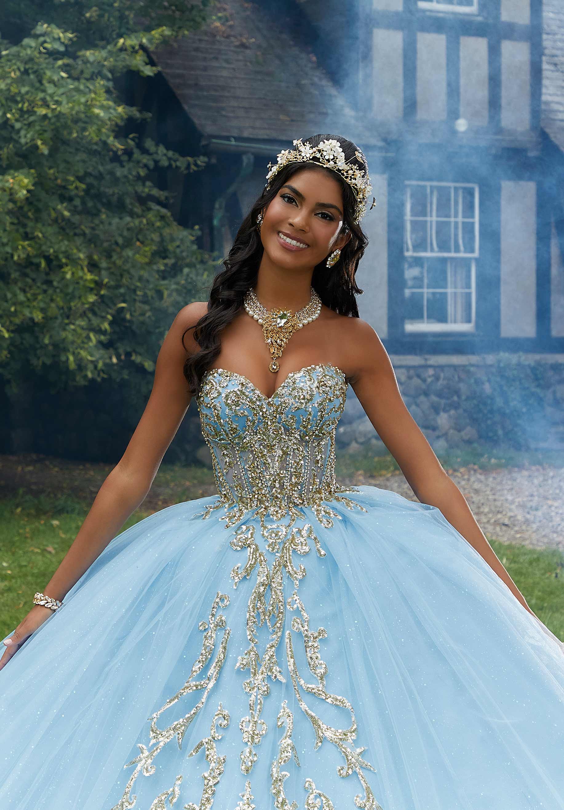 Pattern Sequin Rhinestone and Crystal Beaded Quicneañera Dress - Image 5