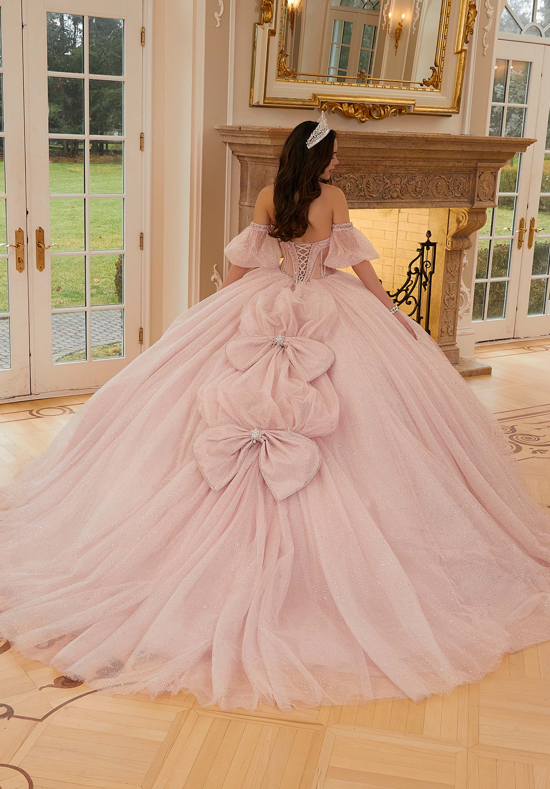 Pearl and Crystal Beaded Sparkle Tulle Quinceañera Dress with Back Bows - Image 5