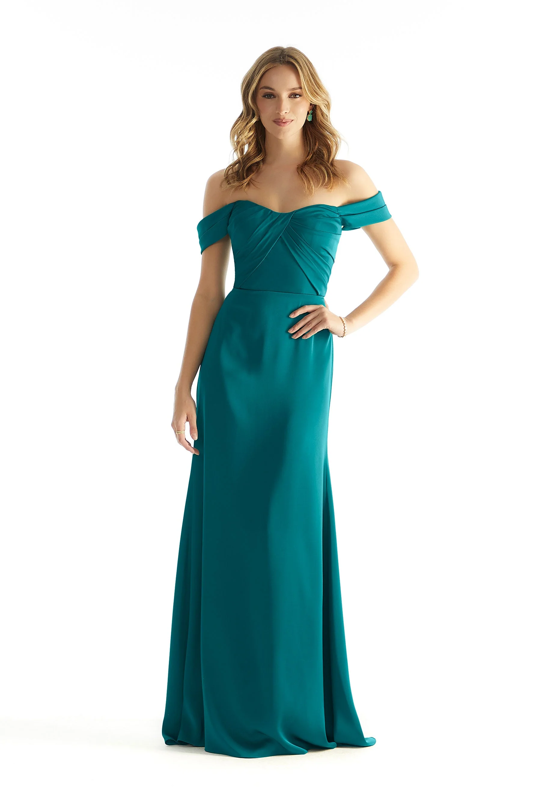 Pleated Off The Shoulder Luxe Satin Bridesmaid Dress - Image 11